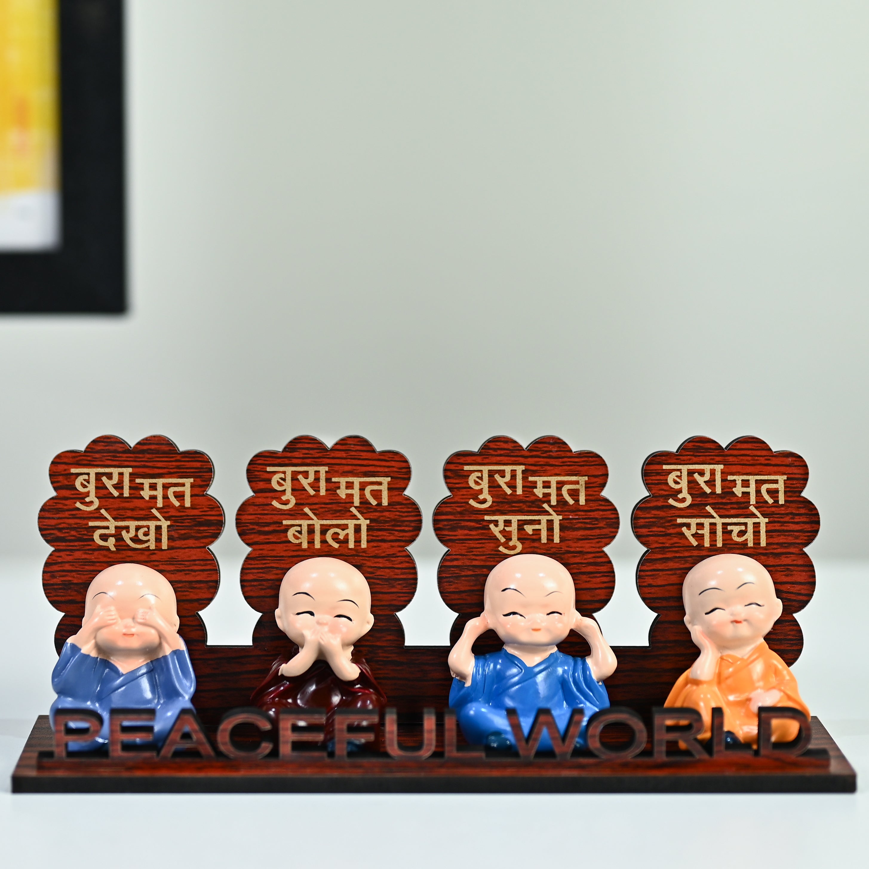 HindCraft Peaceful World Four Monk Showpiece with Hindi Quotes for Home Décor