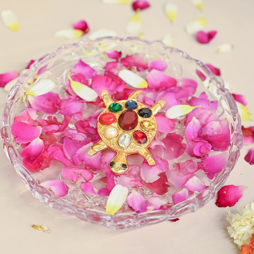 HindCraft Navratna Tortoise Decorative Showpiece with Multicolour Gemstone Design for Home, Office & Gift