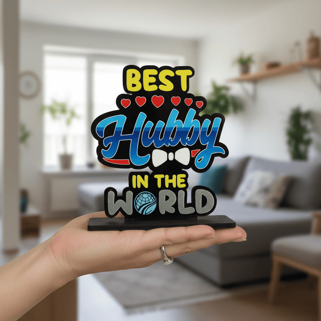HindCraft Best Hubby in The World Wooden Table Top Showpiece | Husband Appreciation Gift | Romantic Home & Office Desk Décor