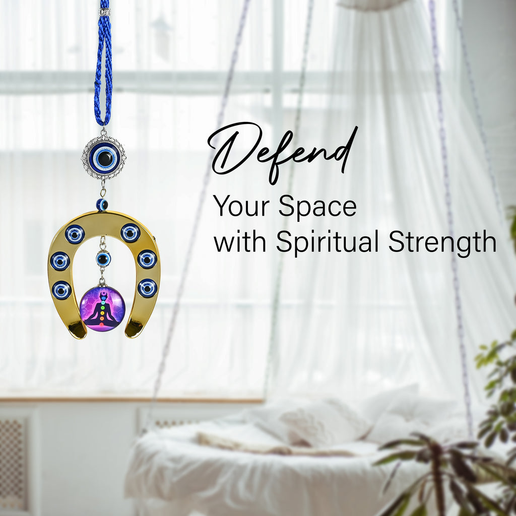HindCraft Evil Eye Horseshoe Hanging with Chakra Meditation Pendant for Home Entrance, Wall, Door & Office Décor