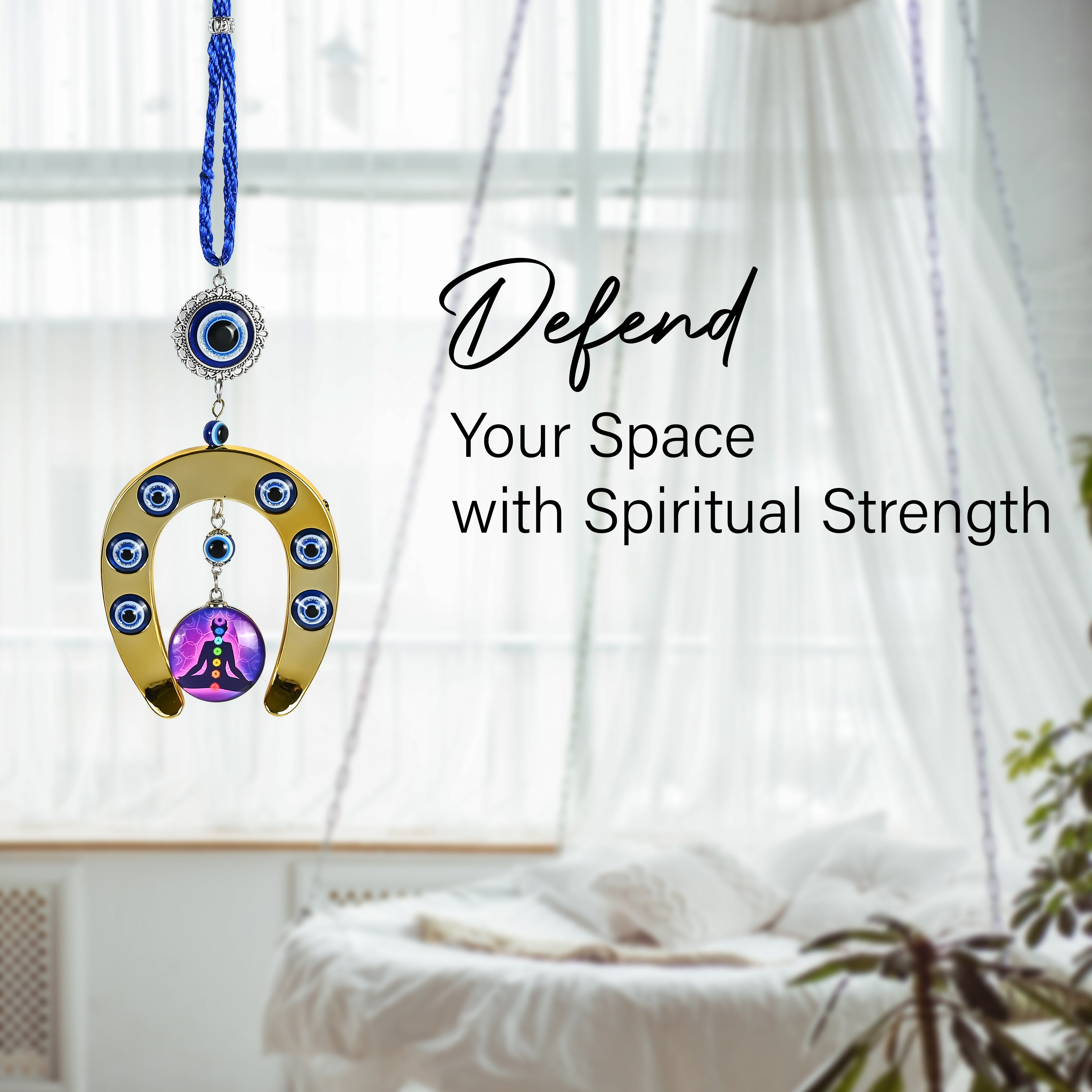 HindCraft Evil Eye Horseshoe Hanging with Chakra Meditation Pendant for Home Entrance, Wall, Door & Office Décor