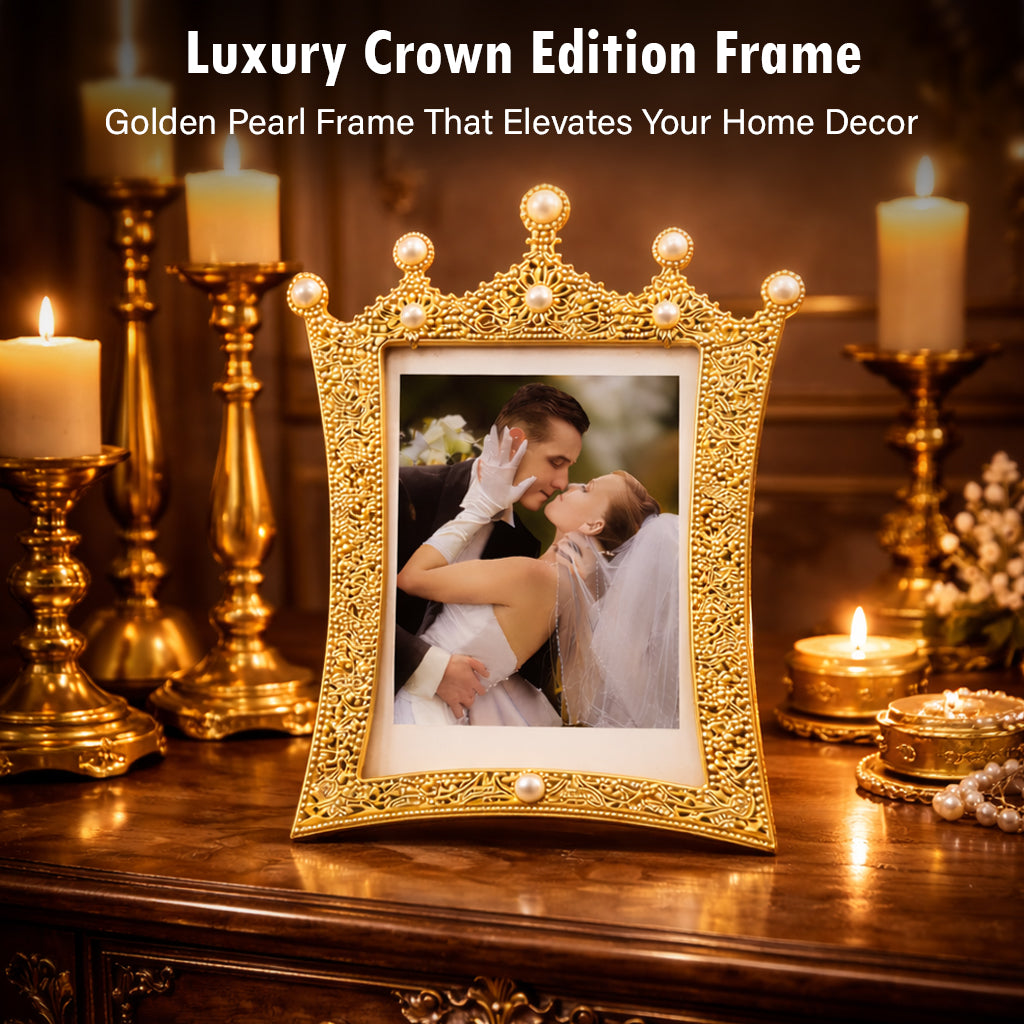 HindCraft Royal Crown Pearl Photo Frame | Luxury Golden Picture Frame for Wedding, Anniversary, Couple & Home Décor