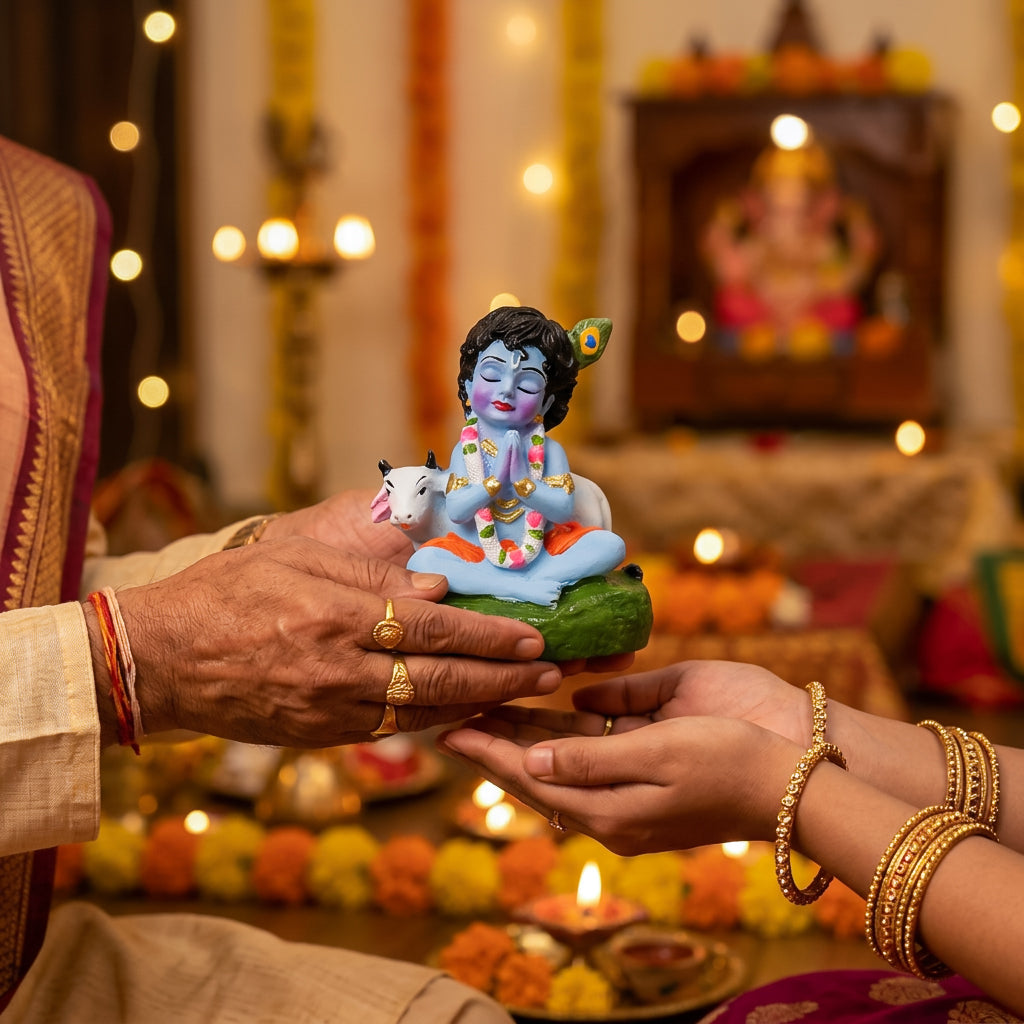 HindCraft Bal Krishna Praying Idol with Cow | Cute Baby Krishna Resin Showpiece for Home Temple, Car Dashboard & Office Décor