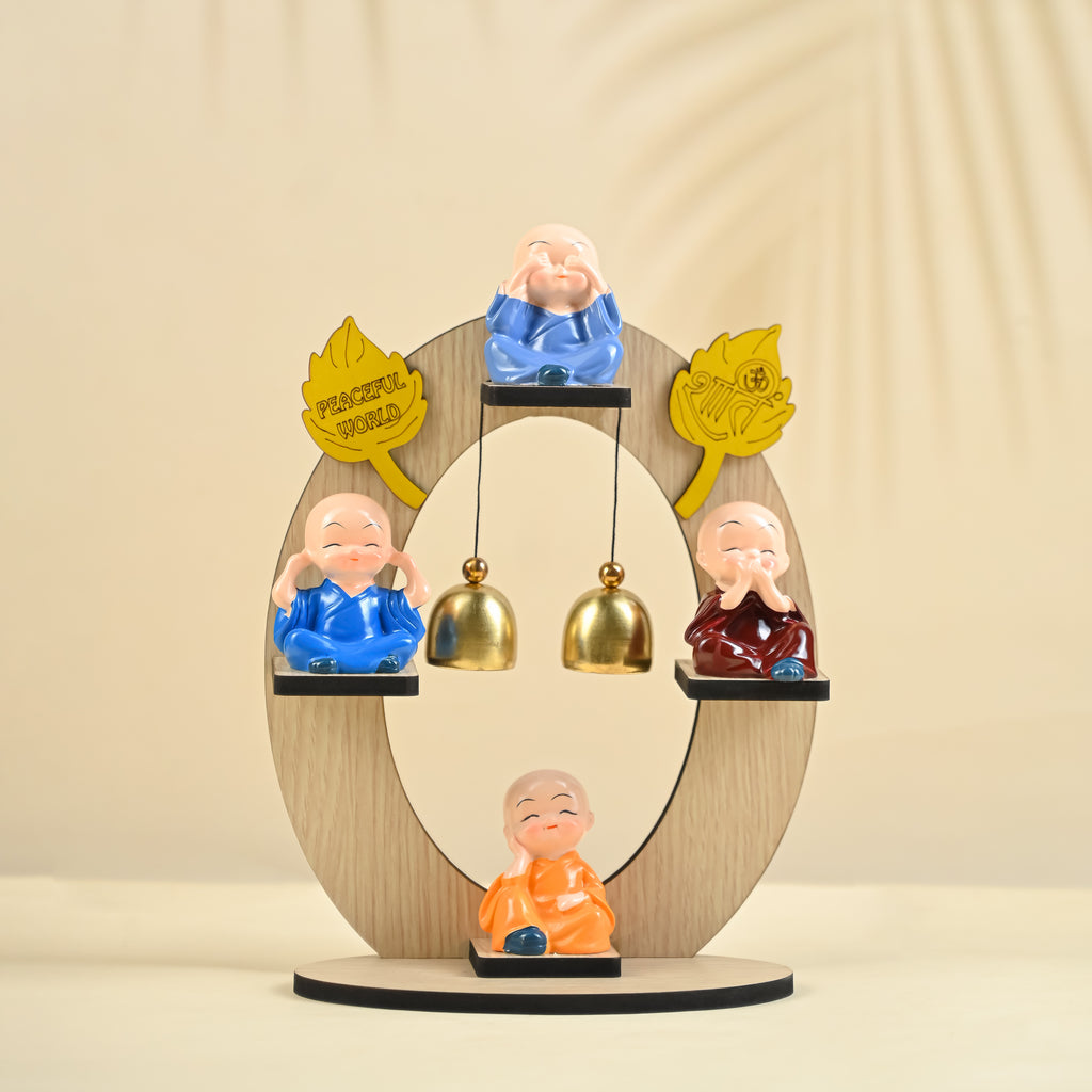 HindCraft 4 Monk Bell Tabletop Showpiece with Wooden Stand, Twin Hanging Bells for Home, Office & Spiritual Décor