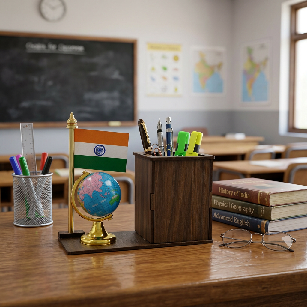 HindCraft Wooden Pen Stand with Indian Flag & Mini Globe | Office Desk Organizer for Home, School & Study Table