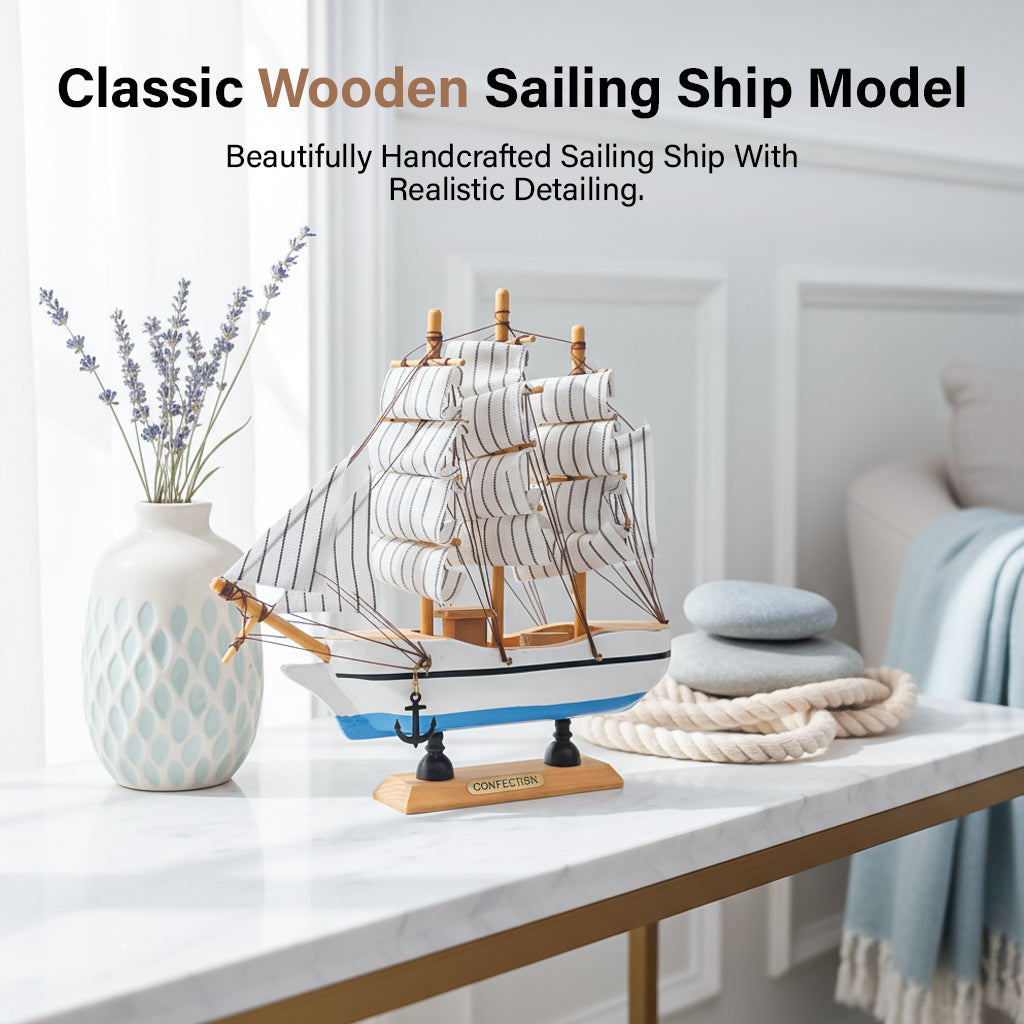 HindCraft Handmade Wooden Sailing Ship Model | Decorative Nautical Boat Showpiece for Home, Office Desk & Living Room Décor
