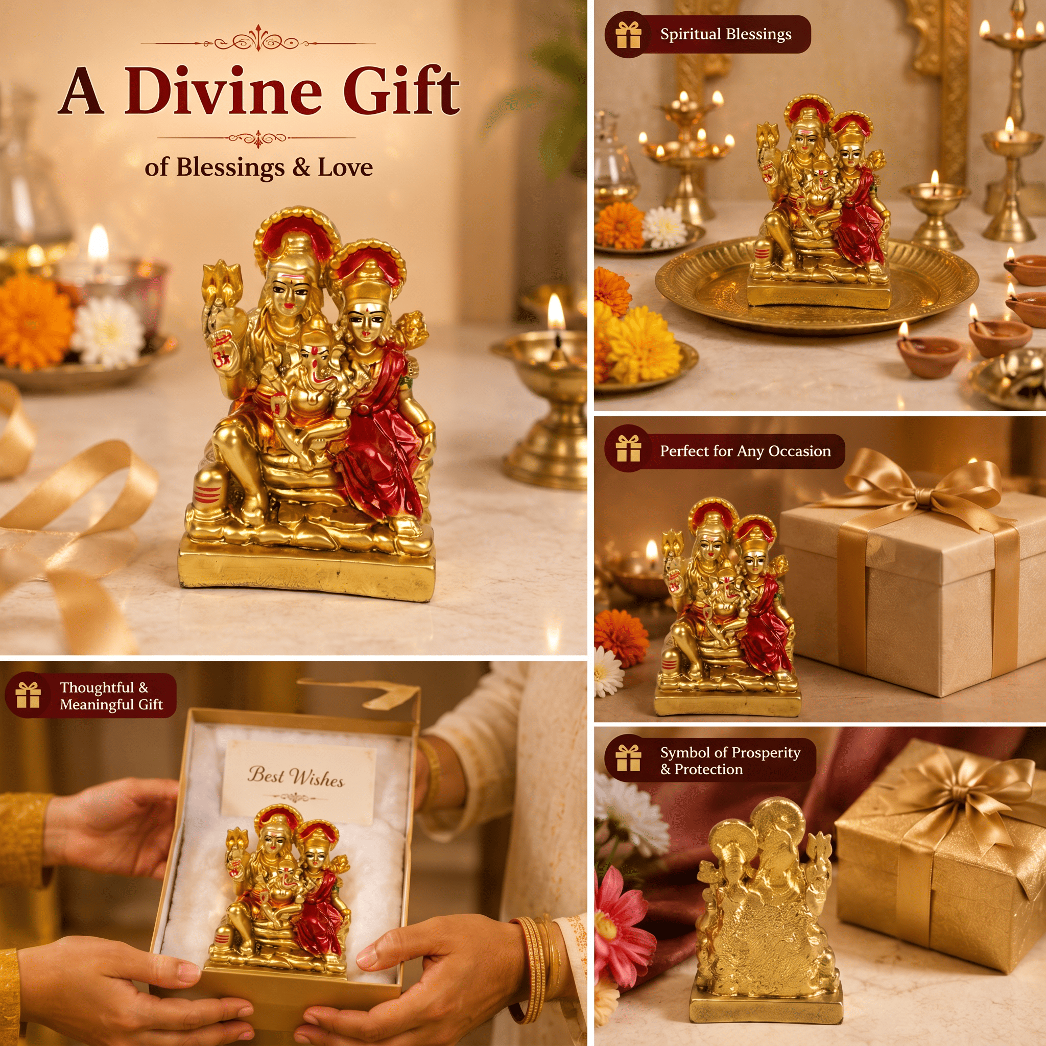 HindCraft Shiv Parivar Resin Idol | Lord Shiva, Parvati & Ganesha Decorative Showpiece for Home Temple, Office & Spiritual Décor