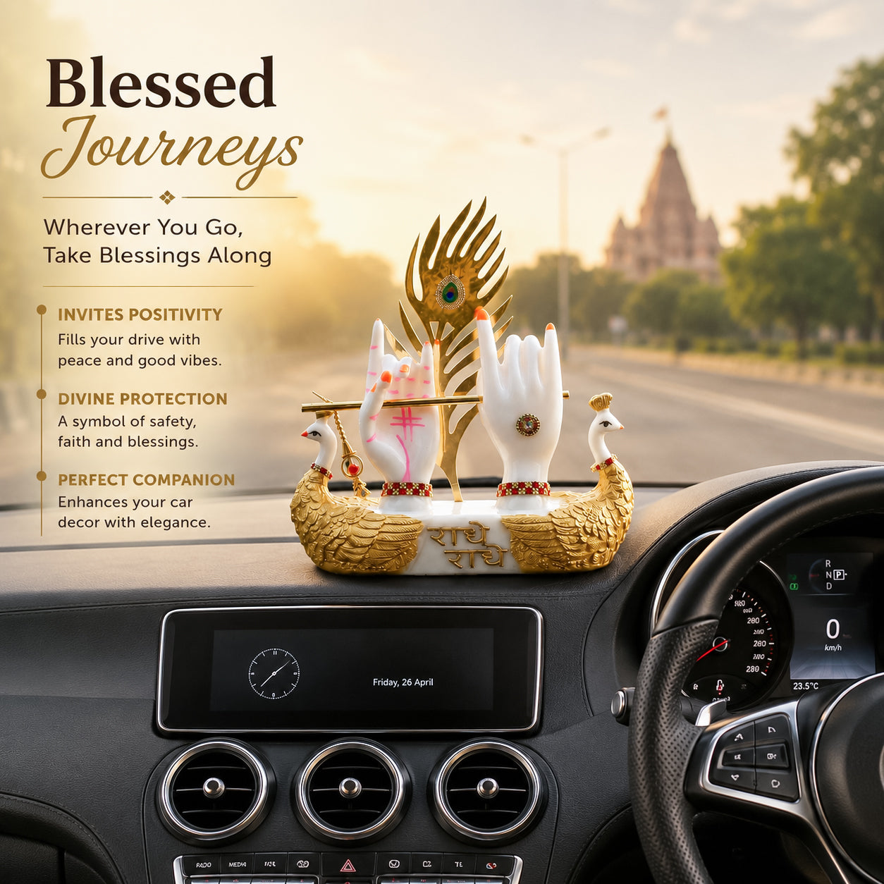 HindCraft Radha Krishna Hand Showpiece with Flute, Peacock Feather & Peacock Pair for Car Dashboard, Home & Temple Décor