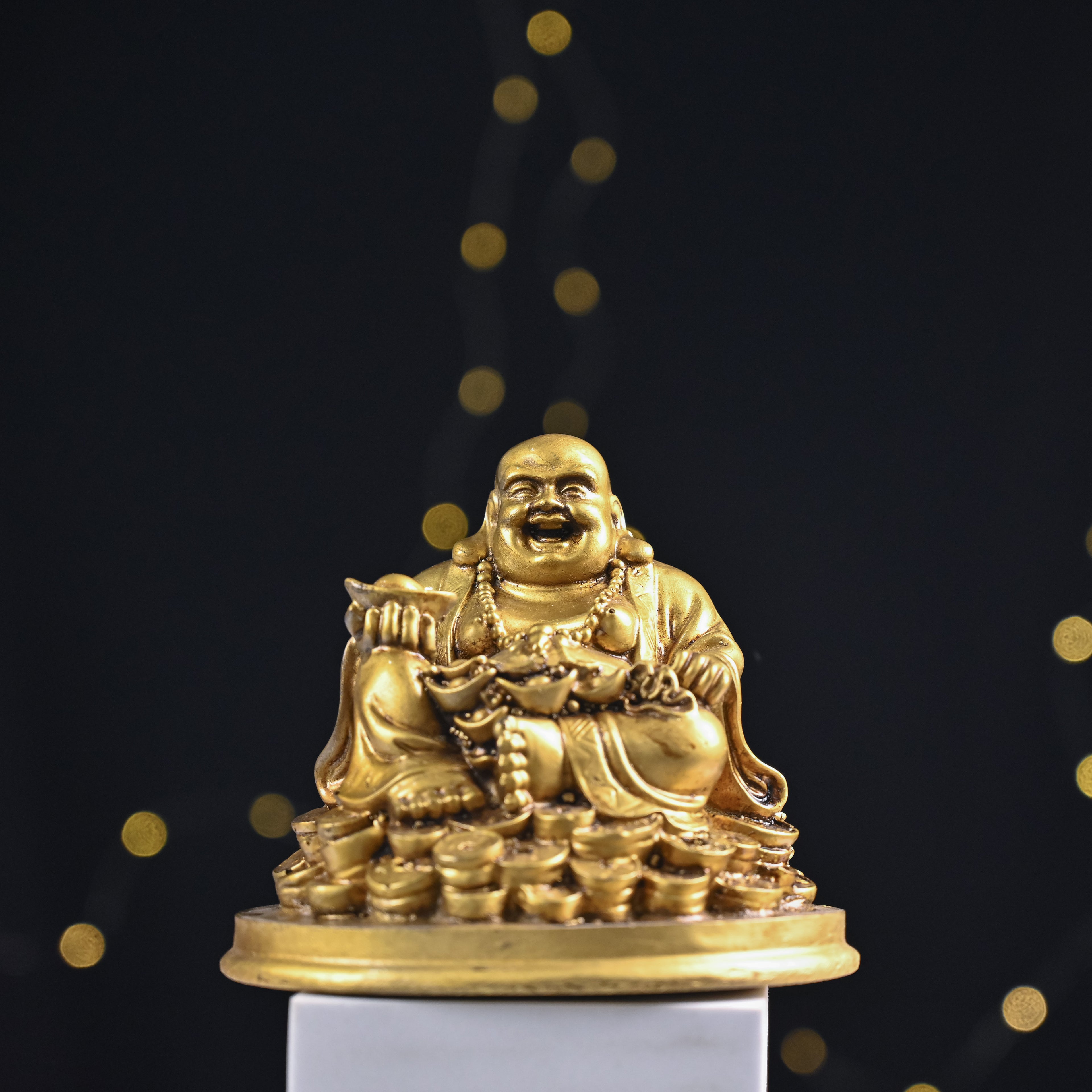 HindCraft Golden Laughing Buddha Idol with Wealth Pot for Home, Office & Table Décor