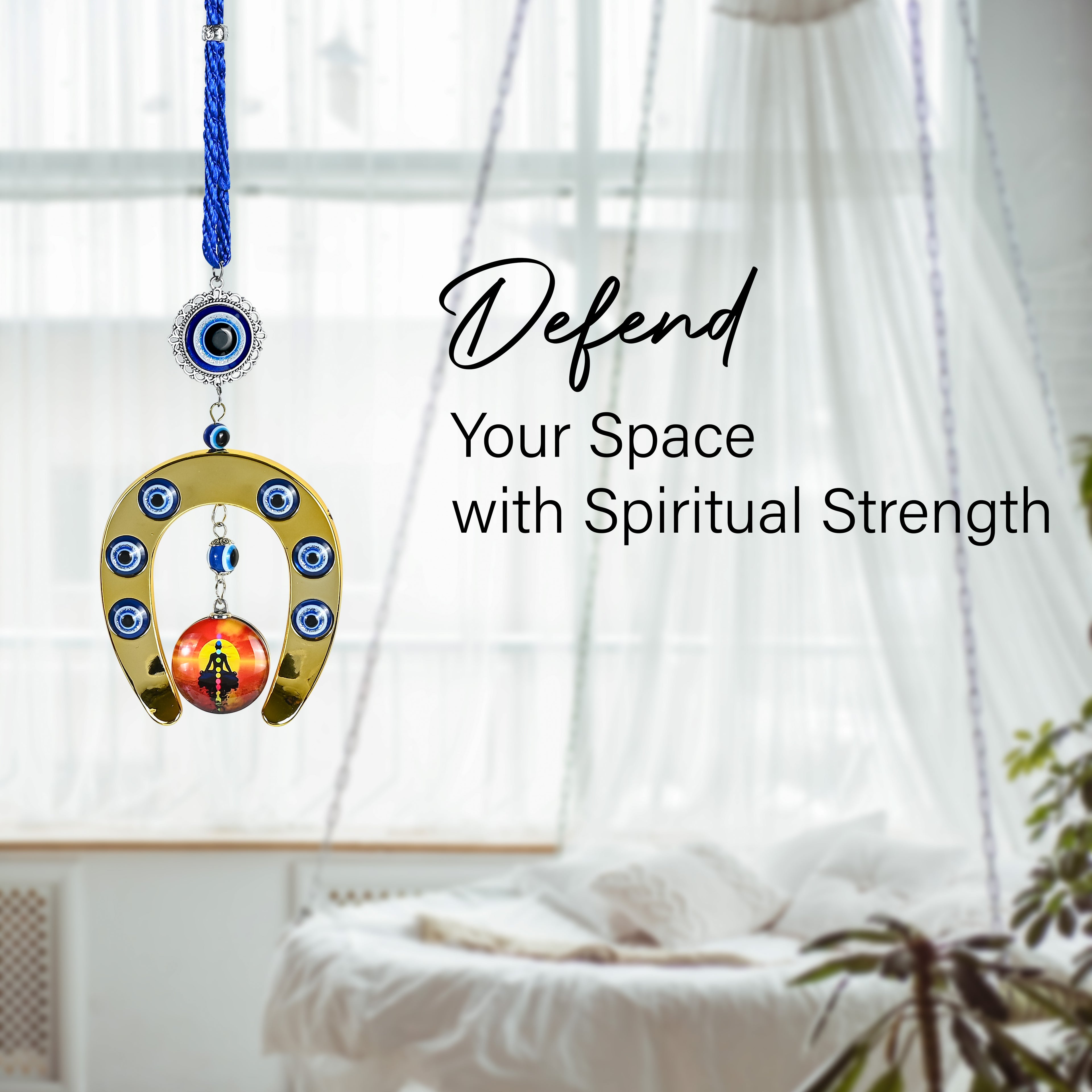 HindCraft Evil Eye Horseshoe Hanging with Meditation Charm for Home Entrance, Door, Wall & Office Décor