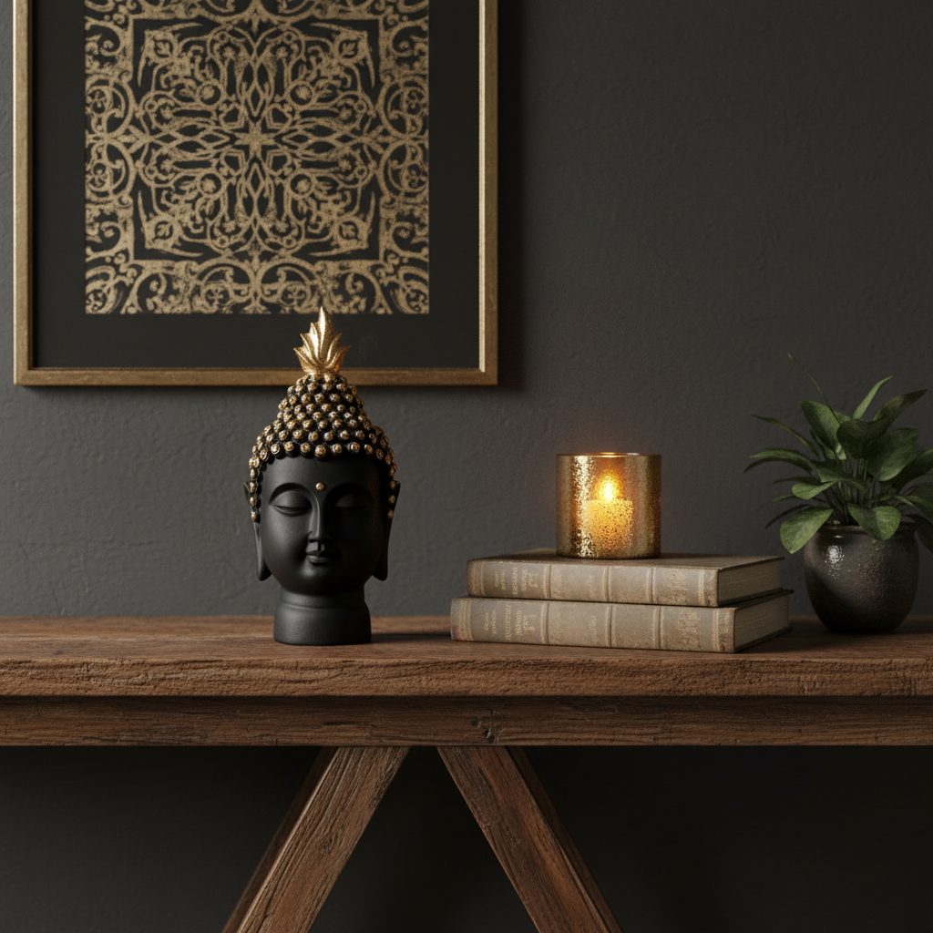 HindCraft Black Buddha Head Statue for Home Decor & Office Display