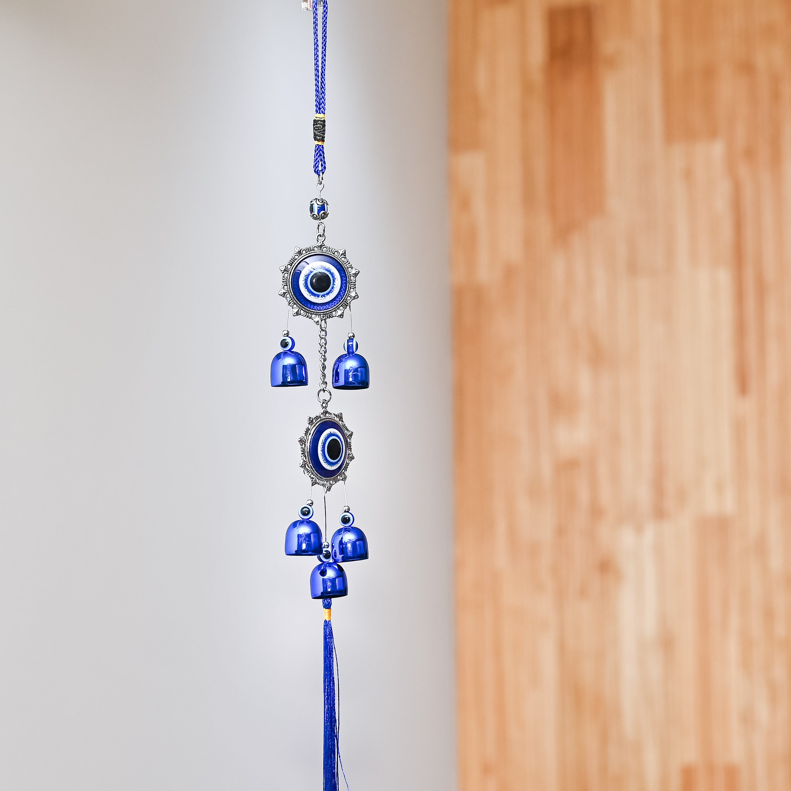 HindCraft Double Evil Eye Hanging with Blue Bells & Tassel | Turkish Nazar Wall & Door Decor