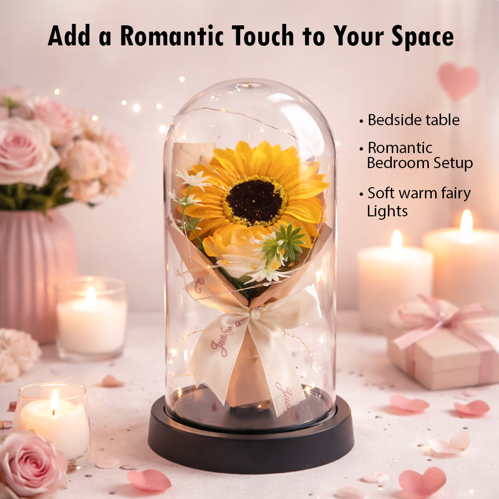 HindCraft Artificial Sunflower Glass Dome with LED Lights for Home Décor & Gifting