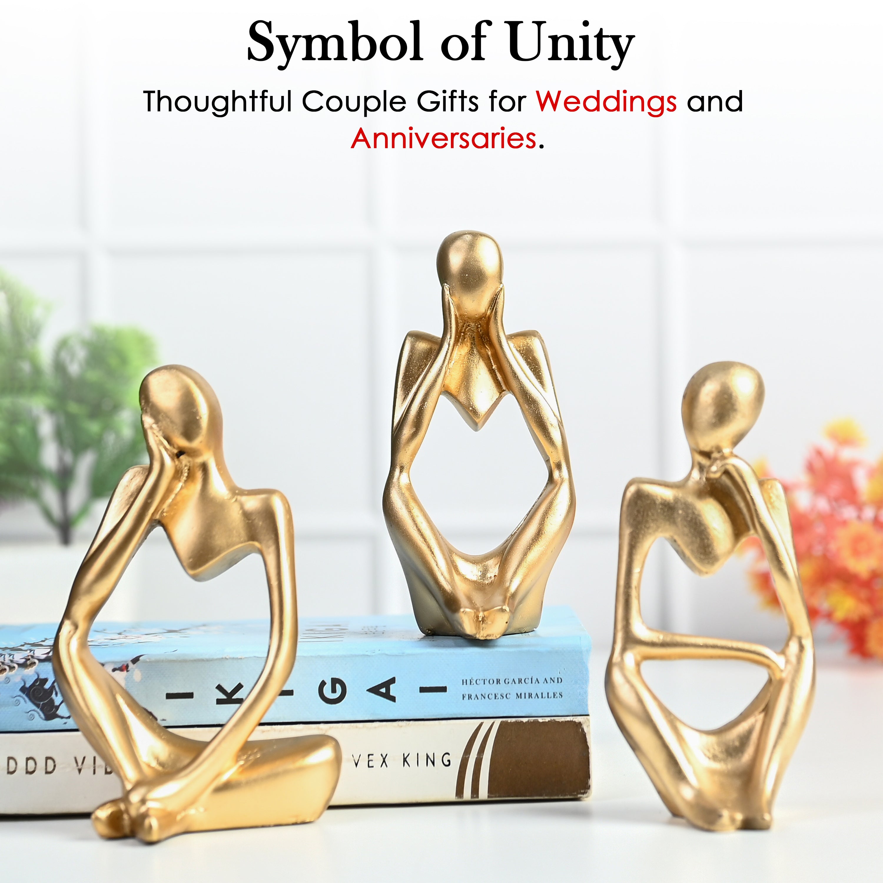 HindCraft Thinker Men Statue Set of 3 Golden Decorative Showpieces