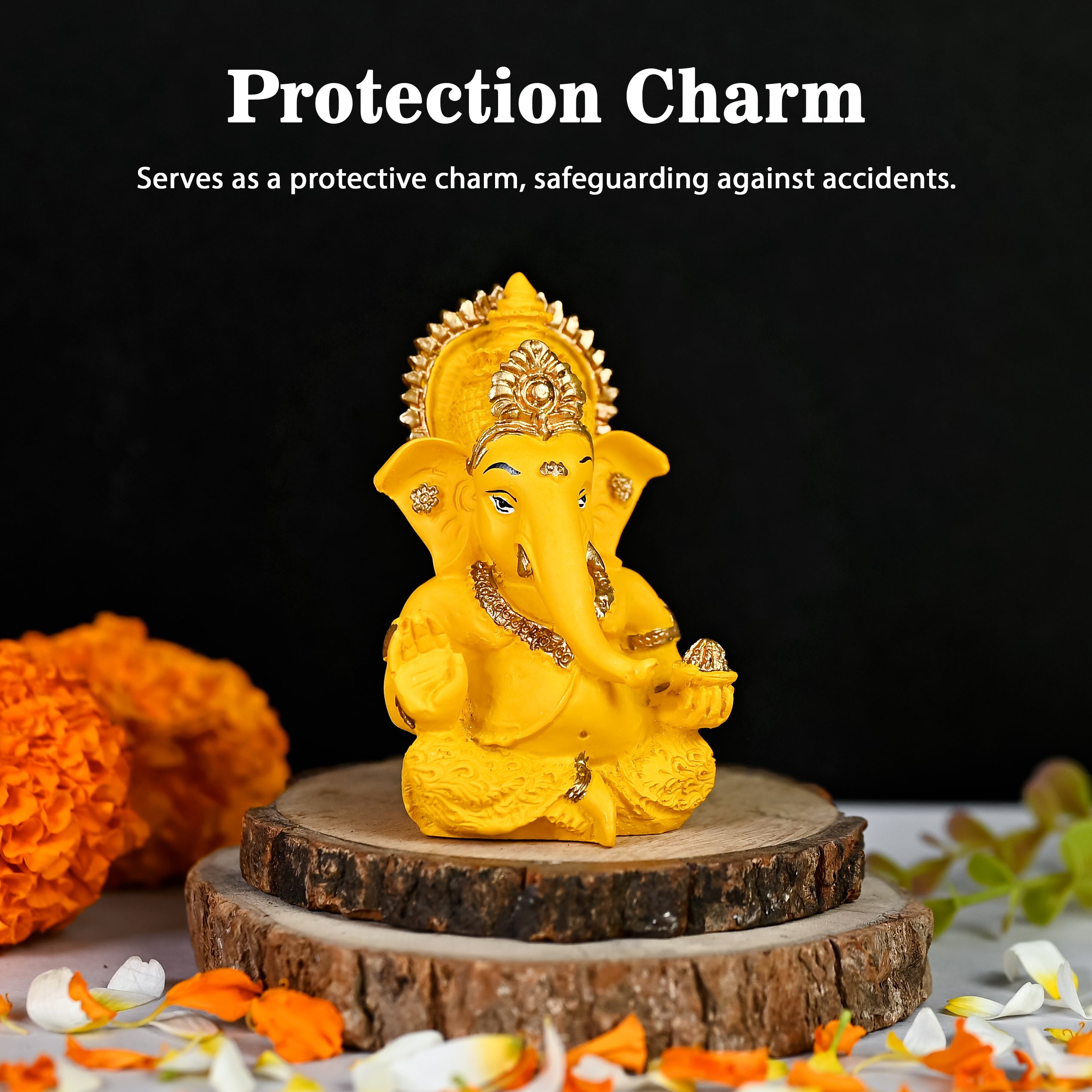 HindCraft Yellow Ganesha Idol with Golden Detailing for Car Dashboard, Home Temple, Office Desk & Gifting
