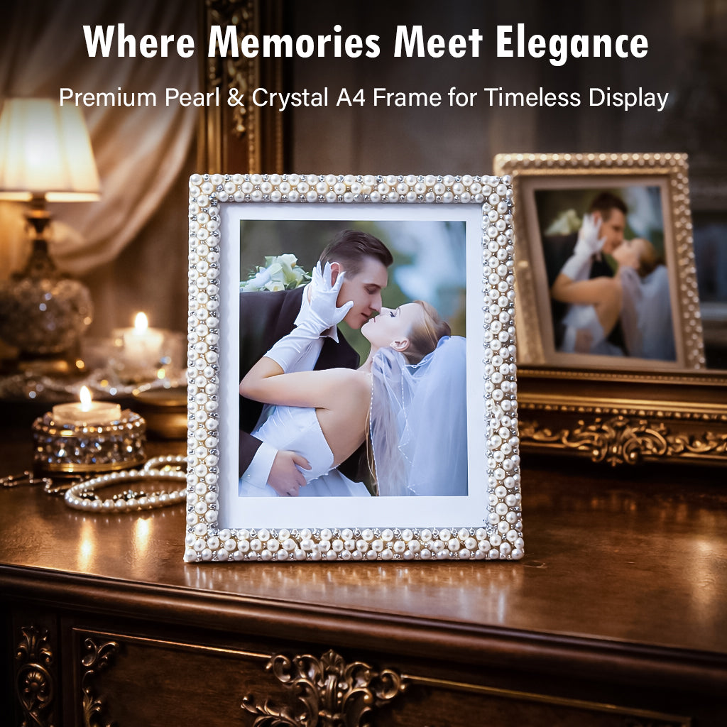 HindCraft Pearl Beaded Square Photo Frame | Elegant Decorative Picture Frame for Wedding, Anniversary, Couple & Family Photos | Tabletop Home Décor