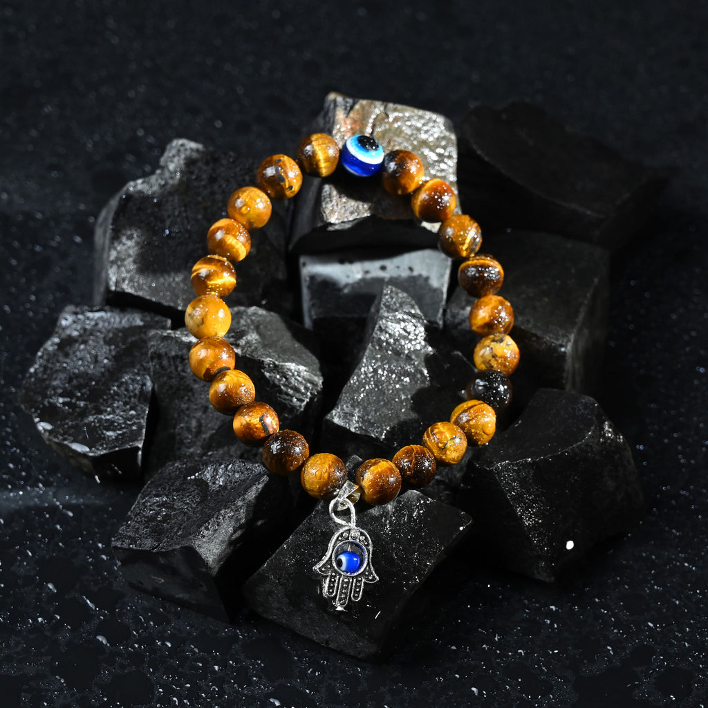 HindCraft Tiger Eye Evil Eye Bracelet with Hamsa Charm for Style