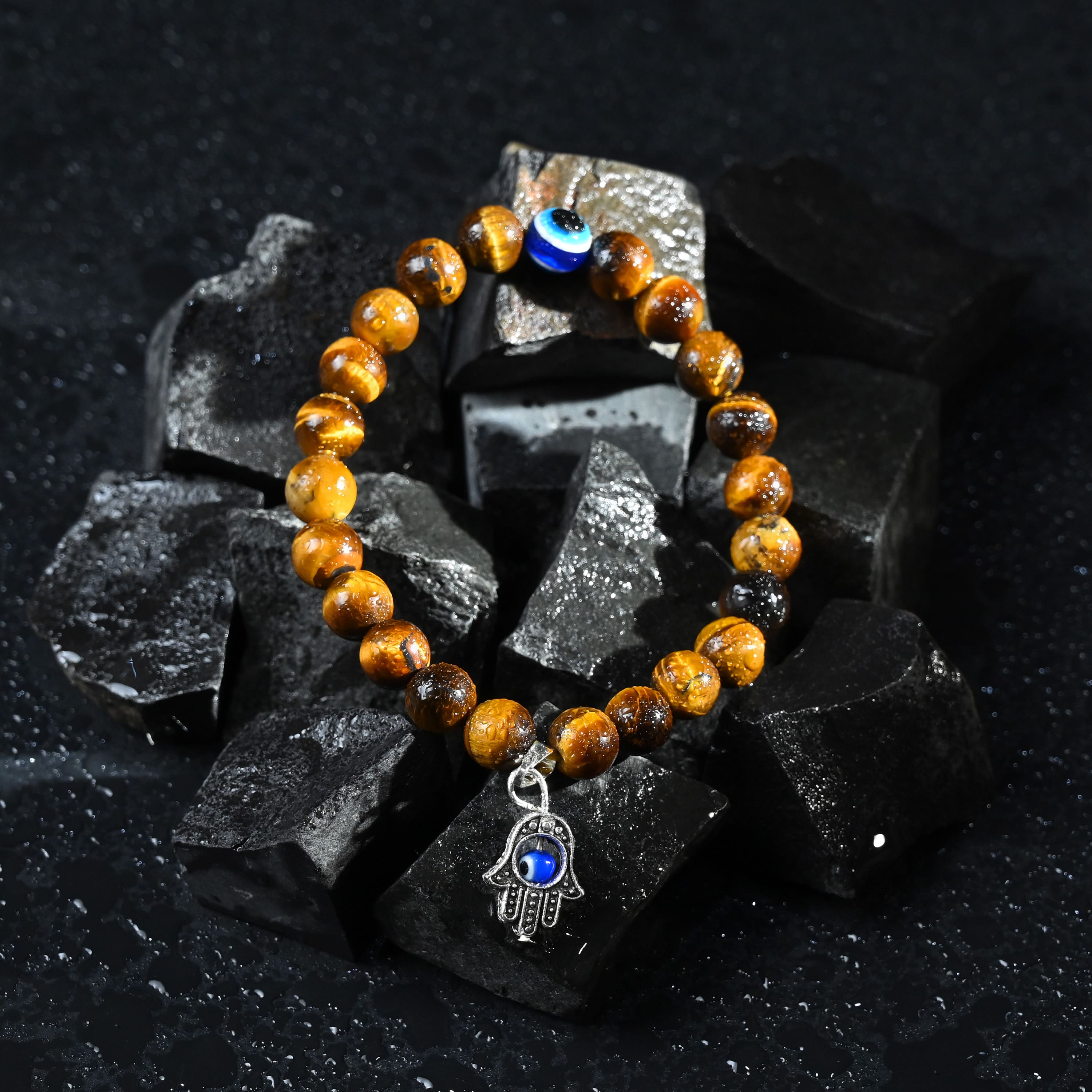 HindCraft Tiger Eye Evil Eye Bracelet with Hamsa Charm for Style