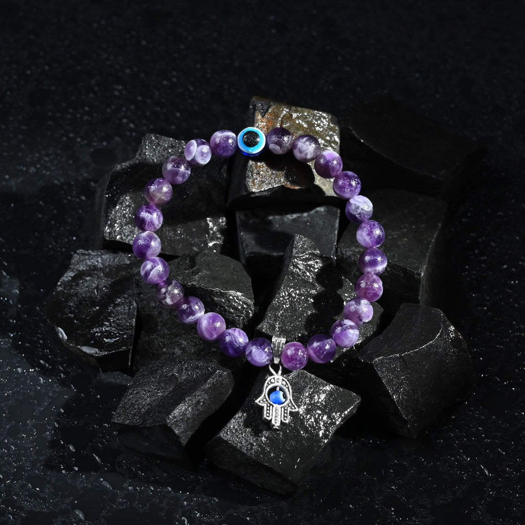 HindCraft Amethyst Evil Eye Bracelet with Hamsa Charm for Balance