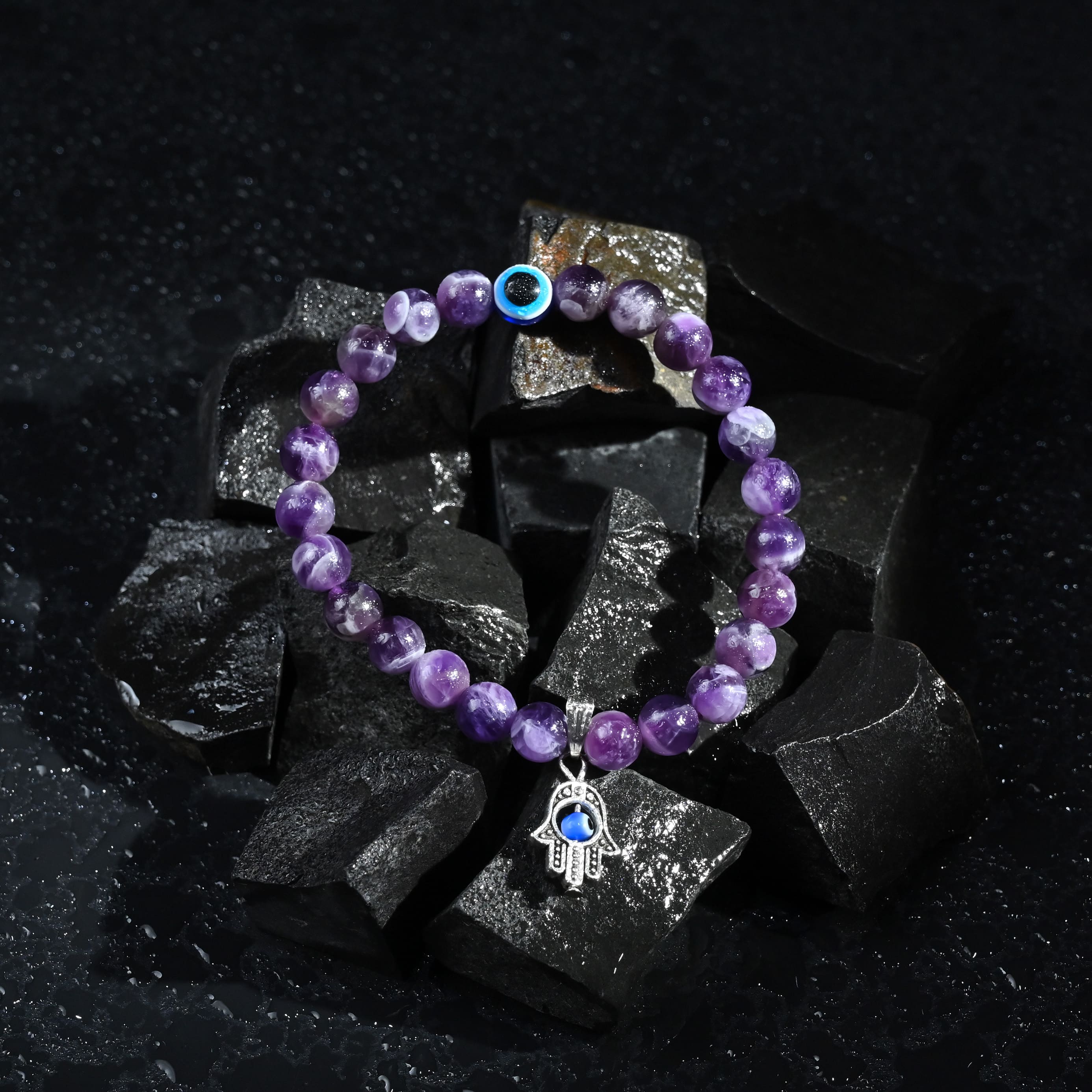 HindCraft Amethyst Evil Eye Bracelet with Hamsa Charm for Balance