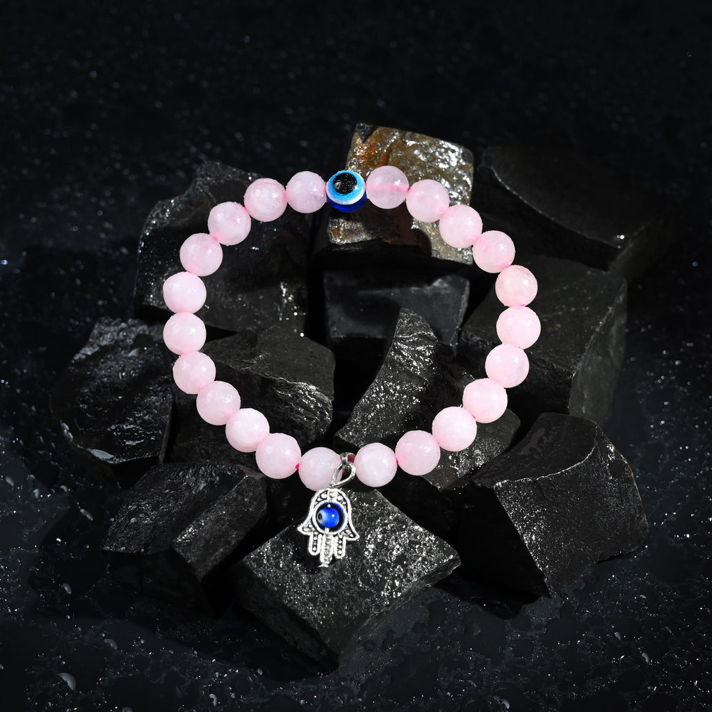 HindCraft Rose Quartz Evil Eye Bracelet with Hamsa Charm for Women