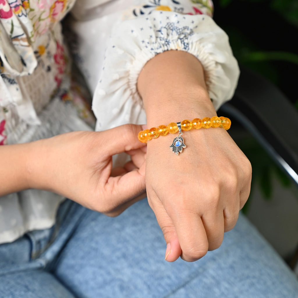 HindCraft Citrine Evil Eye Bracelet with Hamsa Charm for Prosperity