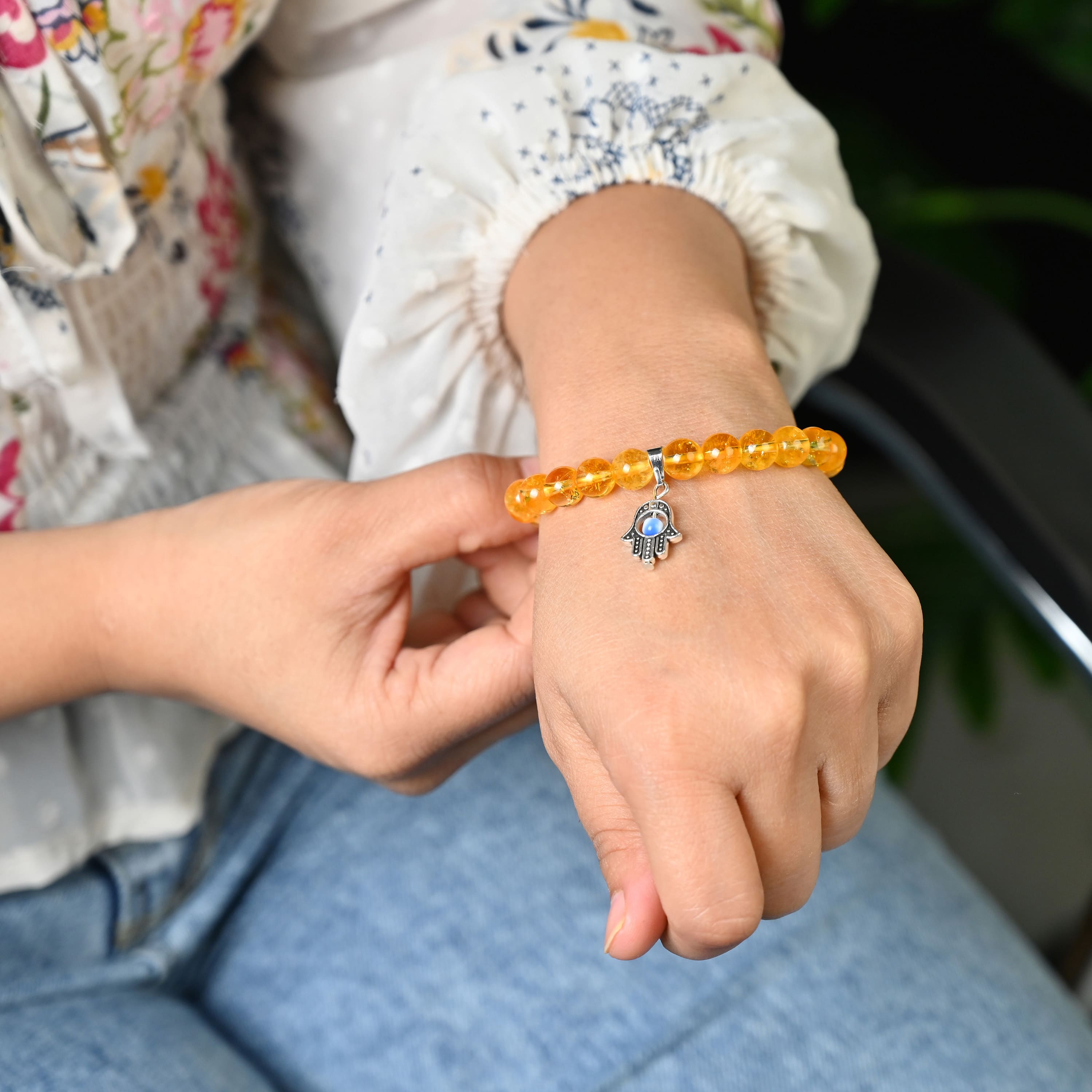 HindCraft Citrine Evil Eye Bracelet with Hamsa Charm for Prosperity