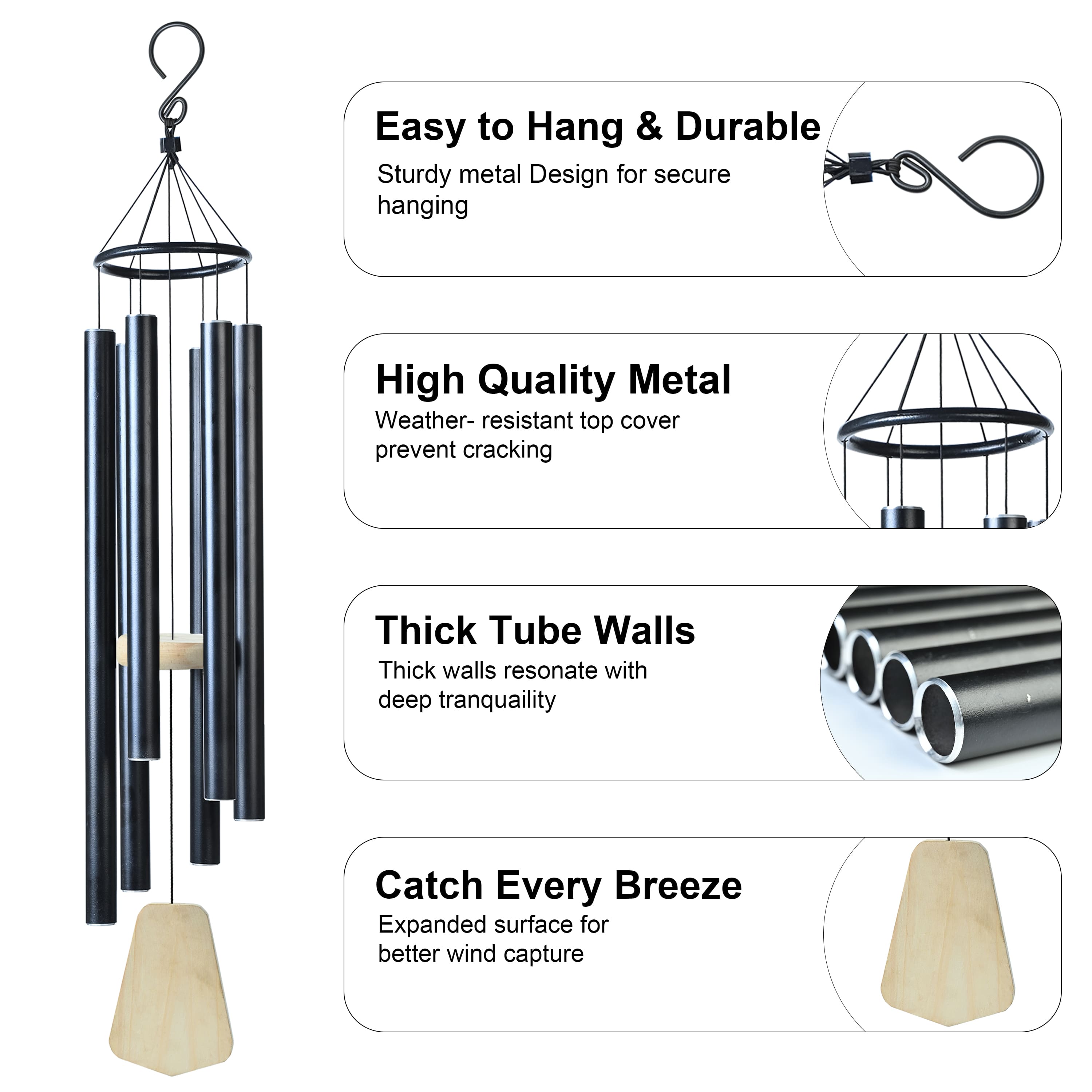 HindCraft Large Hanging Black Wind Chime for Home, Garden, Balcony & Patio Décor