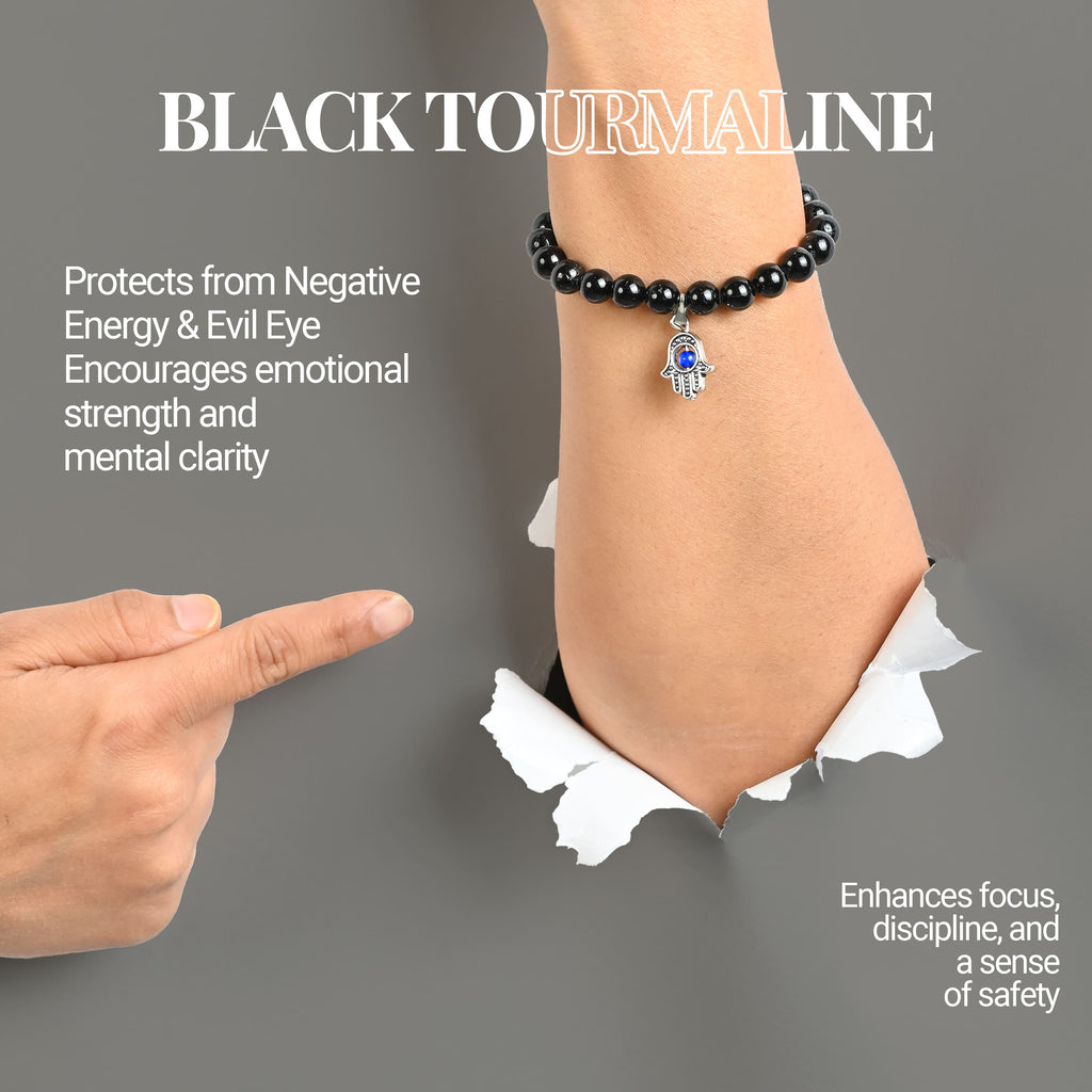 HindCraft Black Tourmaline Evil Eye Bracelet with Hamsa Protection