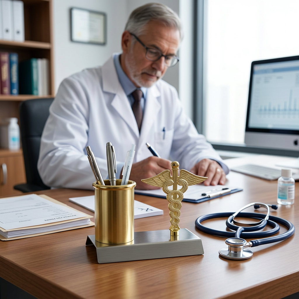 HindCraft Medical Caduceus Pen Stand for Desk | Gold Metal Doctor Pen Holder & Office Desk Organizer