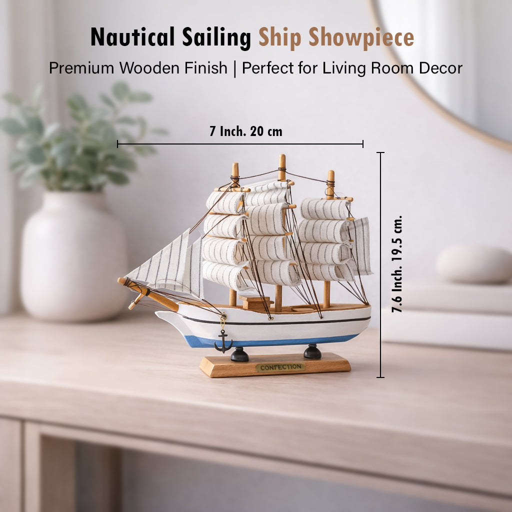 HindCraft Handmade Wooden Sailing Ship Model | Decorative Nautical Boat Showpiece for Home, Office Desk & Living Room Décor