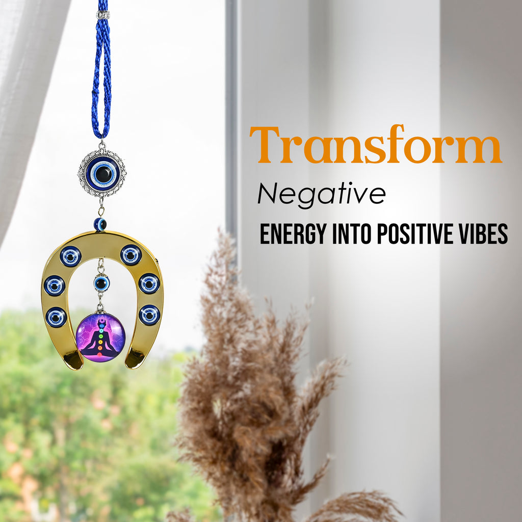 HindCraft Evil Eye Horseshoe Hanging with Chakra Meditation Pendant for Home Entrance, Wall, Door & Office Décor