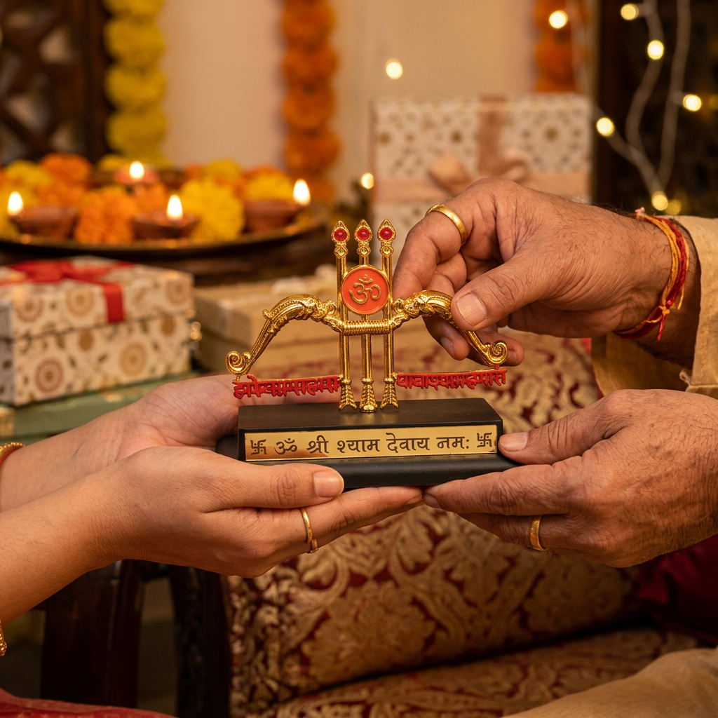 HindCraft Khatu Shyam Dhanush Baan Showpiece with Om Symbol for Car Dashboard, Home Temple & Office Desk Décor