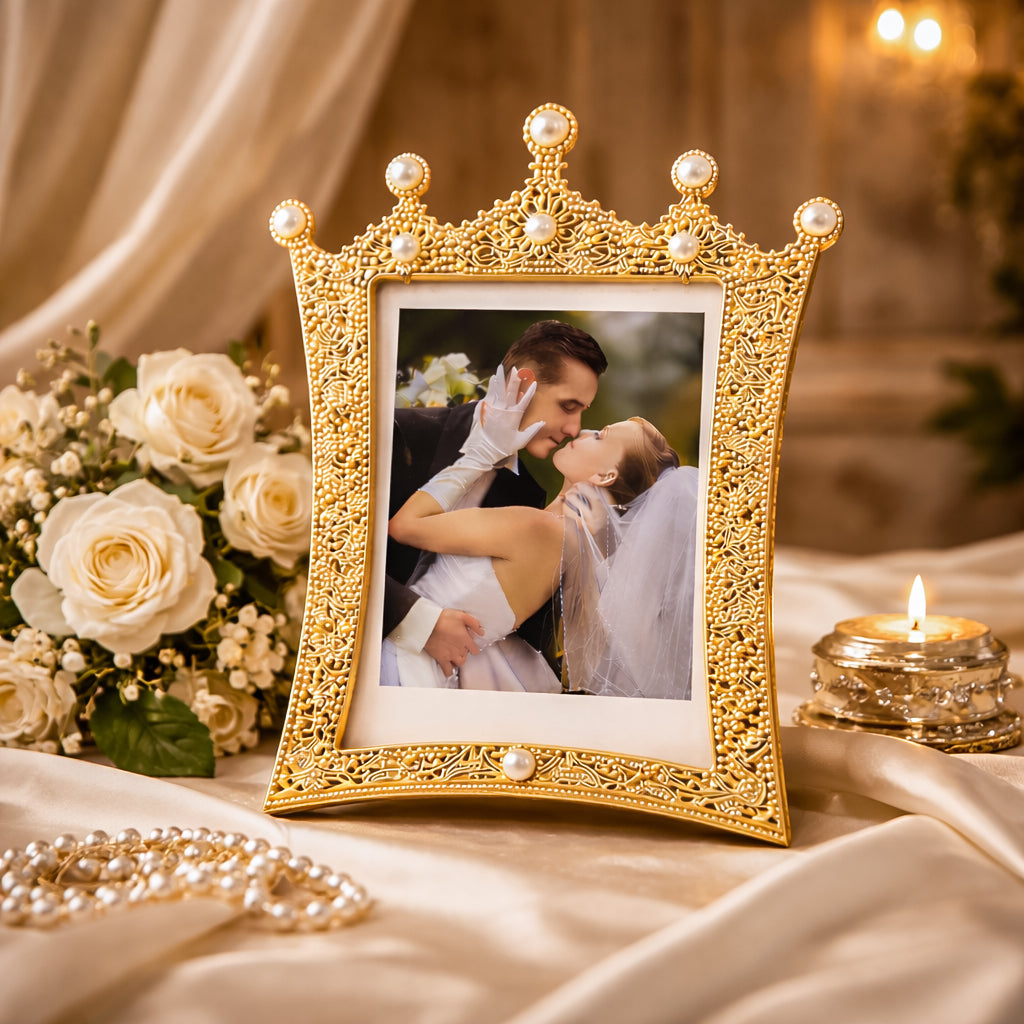 HindCraft Royal Crown Pearl Photo Frame | Luxury Golden Picture Frame for Wedding, Anniversary, Couple & Home Décor
