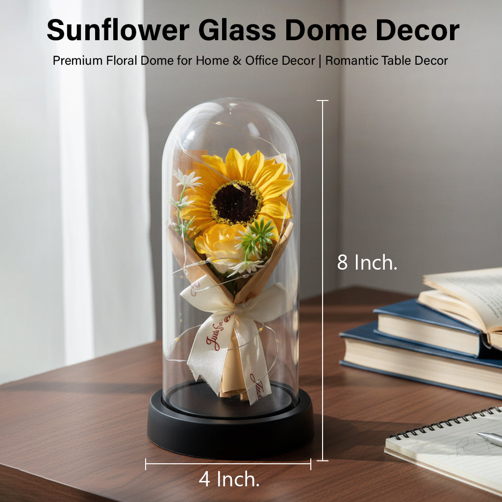 HindCraft Artificial Sunflower Glass Dome with LED Lights for Home Décor & Gifting