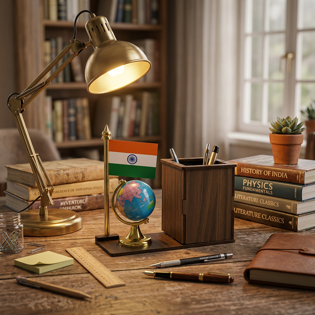 HindCraft Wooden Pen Stand with Indian Flag & Mini Globe | Office Desk Organizer for Home, School & Study Table