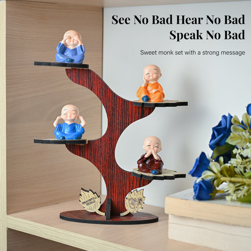 HindCraft 4 Monk Figurine Tree Showpiece with Wooden Stand for Home, Office Desk & Tabletop Décor