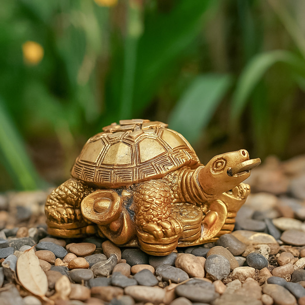HindCraft Golden Tortoise Family Showpiece with Coin Design for Home, Office Desk & Vastu Décor