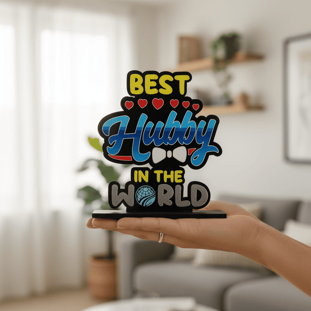 HindCraft Best Hubby in The World Wooden Table Top Showpiece | Husband Appreciation Gift | Romantic Home & Office Desk Décor