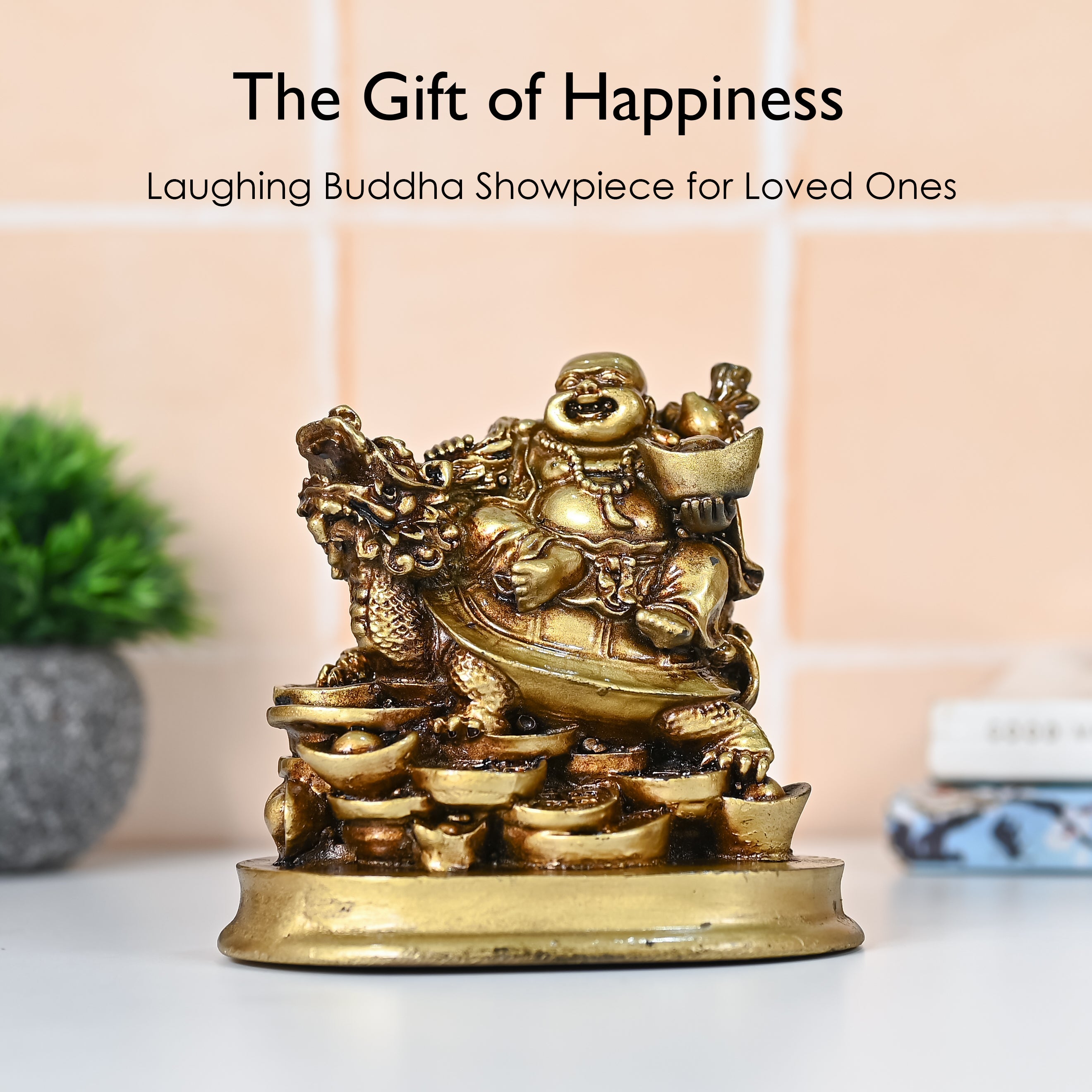 HindCraft Golden Laughing Buddha on Dragon Turtle with Wealth Ingots for Home, Office, Shop & Business Décor