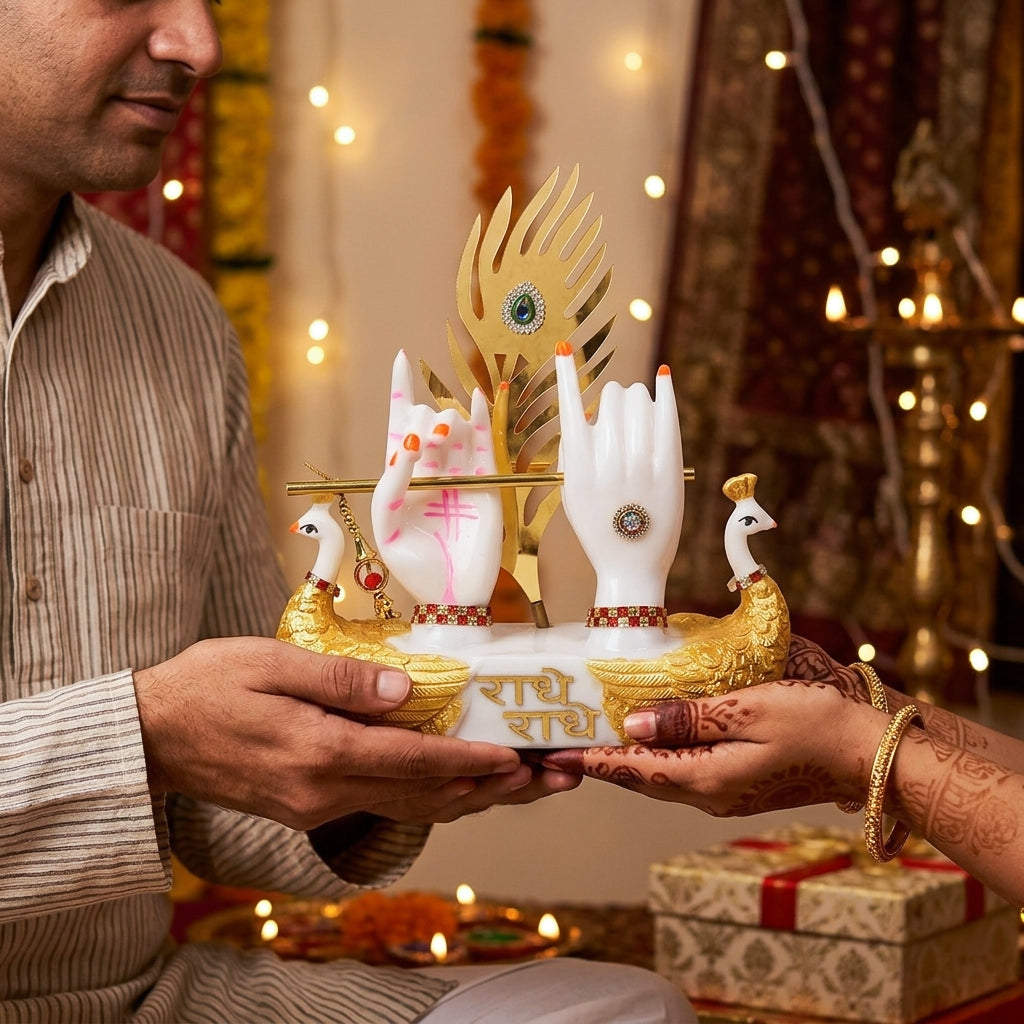 HindCraft Radha Krishna Hand Showpiece with Flute, Peacock Feather & Peacock Pair for Car Dashboard, Home & Temple Décor