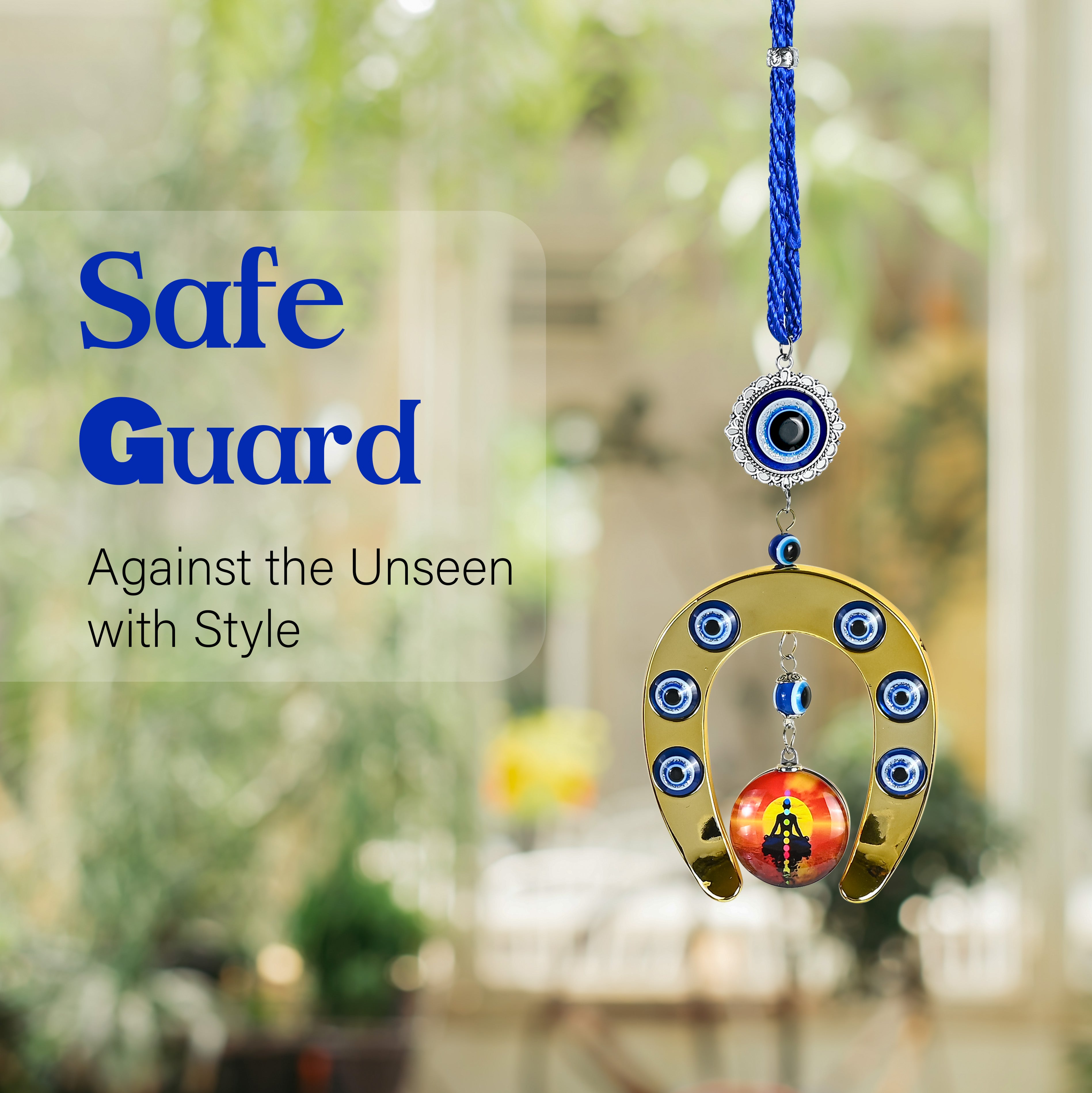 HindCraft Evil Eye Horseshoe Hanging with Meditation Charm for Home Entrance, Door, Wall & Office Décor
