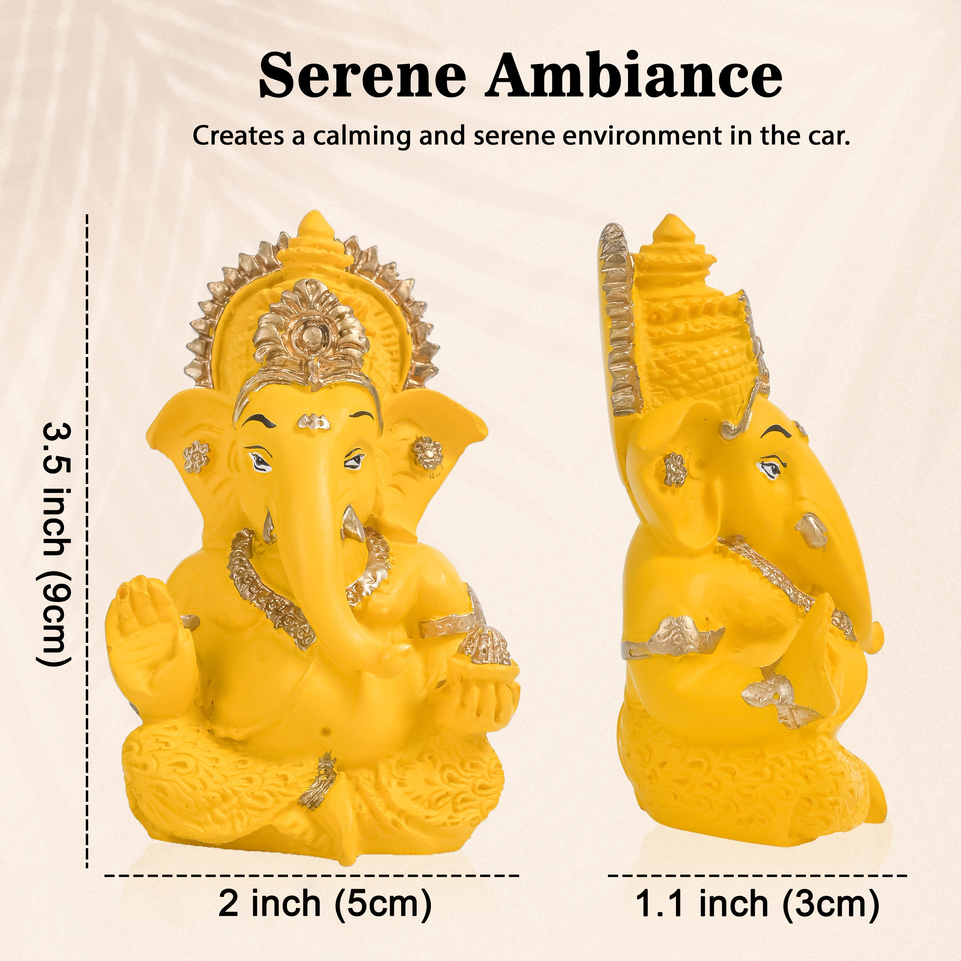 HindCraft Yellow Ganesha Idol with Golden Detailing for Car Dashboard, Home Temple, Office Desk & Gifting