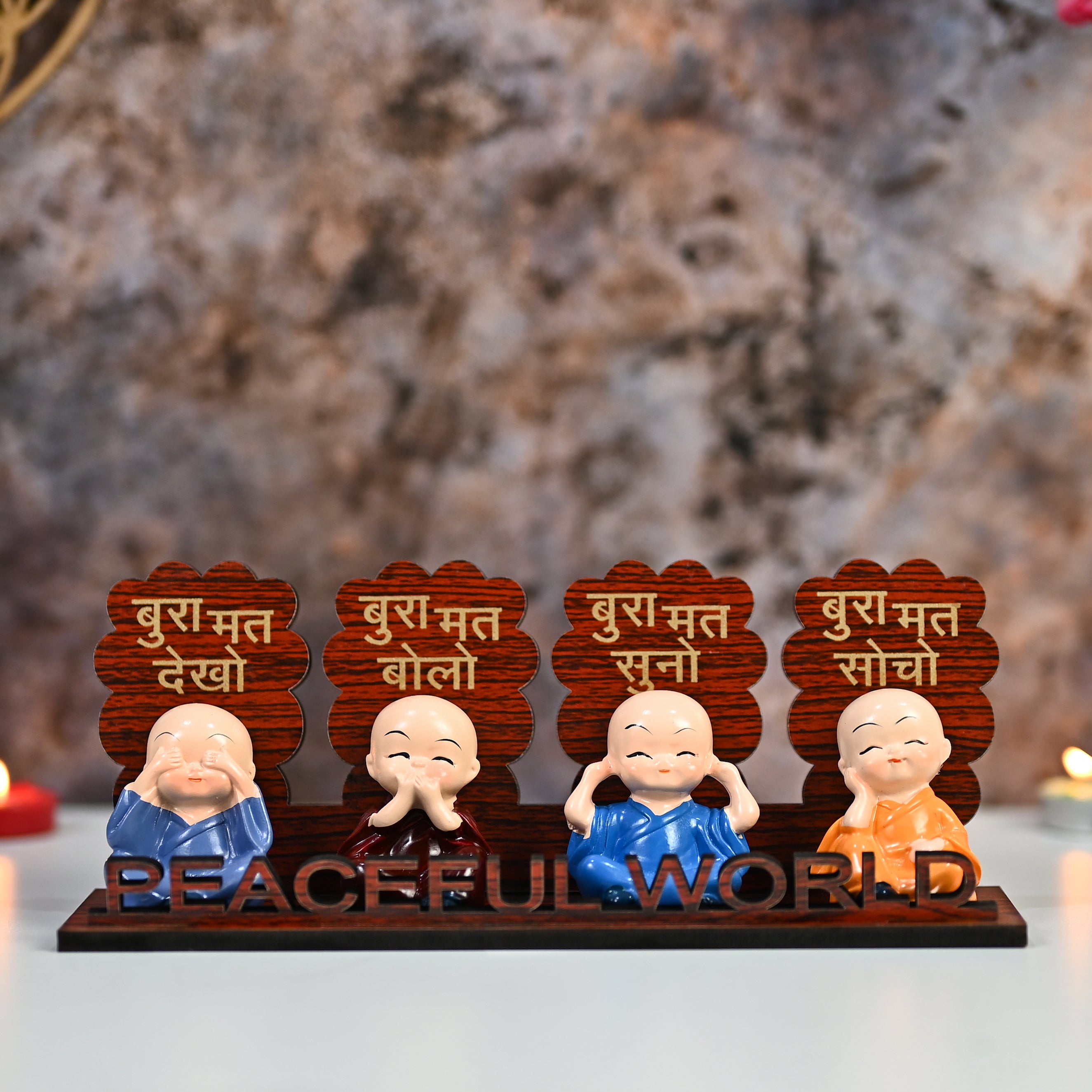 HindCraft Peaceful World Four Monk Showpiece with Hindi Quotes for Home Décor