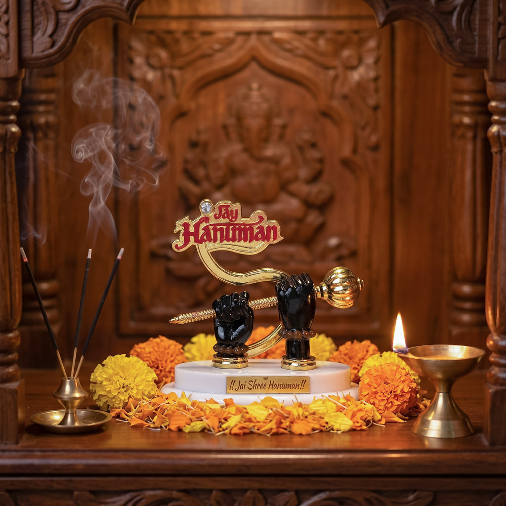 HindCraft Jai Hanuman Mace Showpiece | Hanuman Ji Spiritual Idol for Car Dashboard, Home Temple & Office Decor