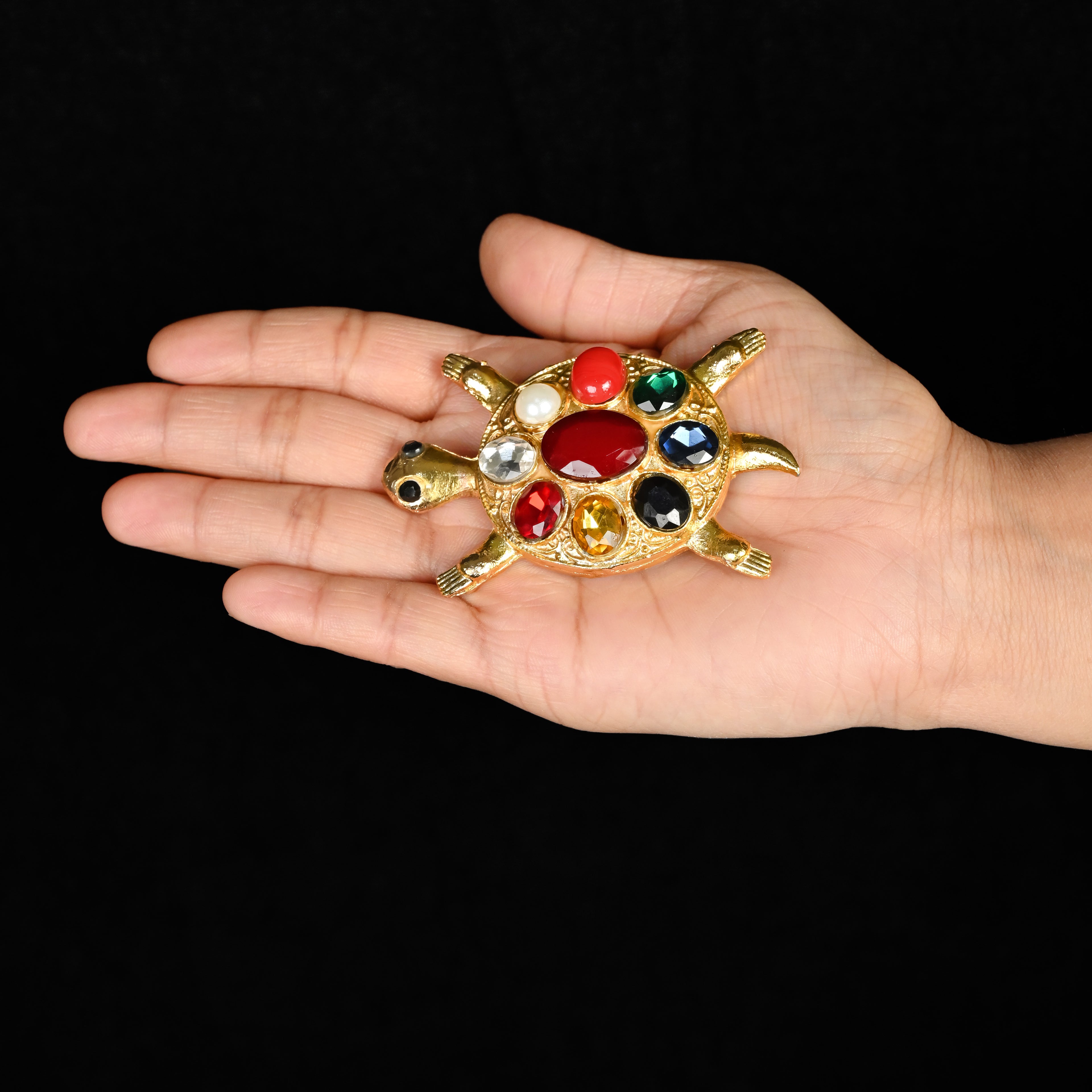 HindCraft Navratna Tortoise Decorative Showpiece with Multicolour Gemstone Design for Home, Office & Gift