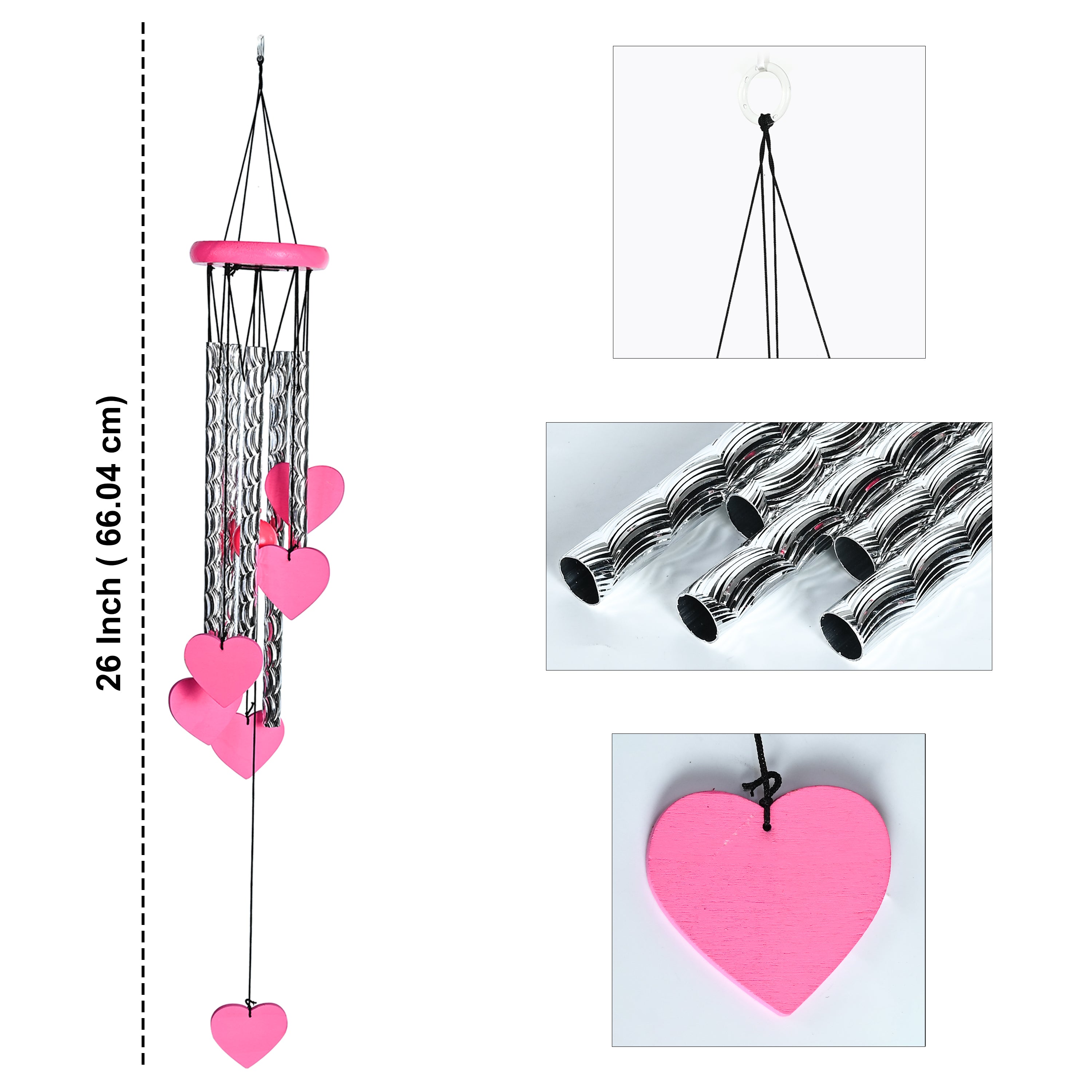 HindCraft Pink Heart Wind Chime for Home Décor, Balcony Hanging, Romantic Gift