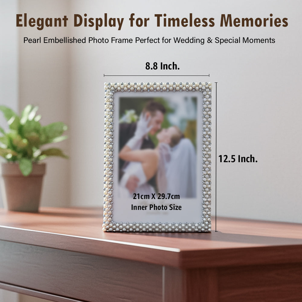 HindCraft Pearl Beaded Square Photo Frame | Elegant Decorative Picture Frame for Wedding, Anniversary, Couple & Family Photos | Tabletop Home Décor