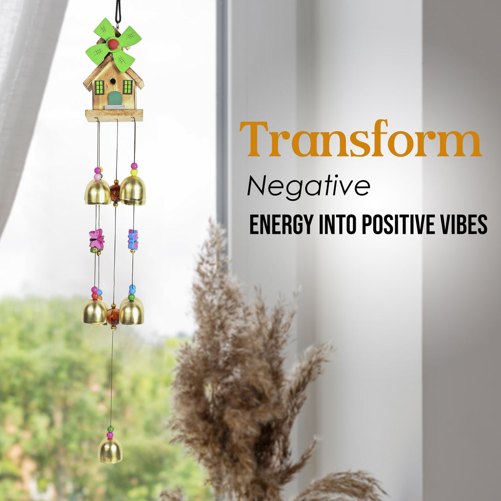 HindCraft Wooden House Wind Chime with 9 Brass Bells for Home Decor