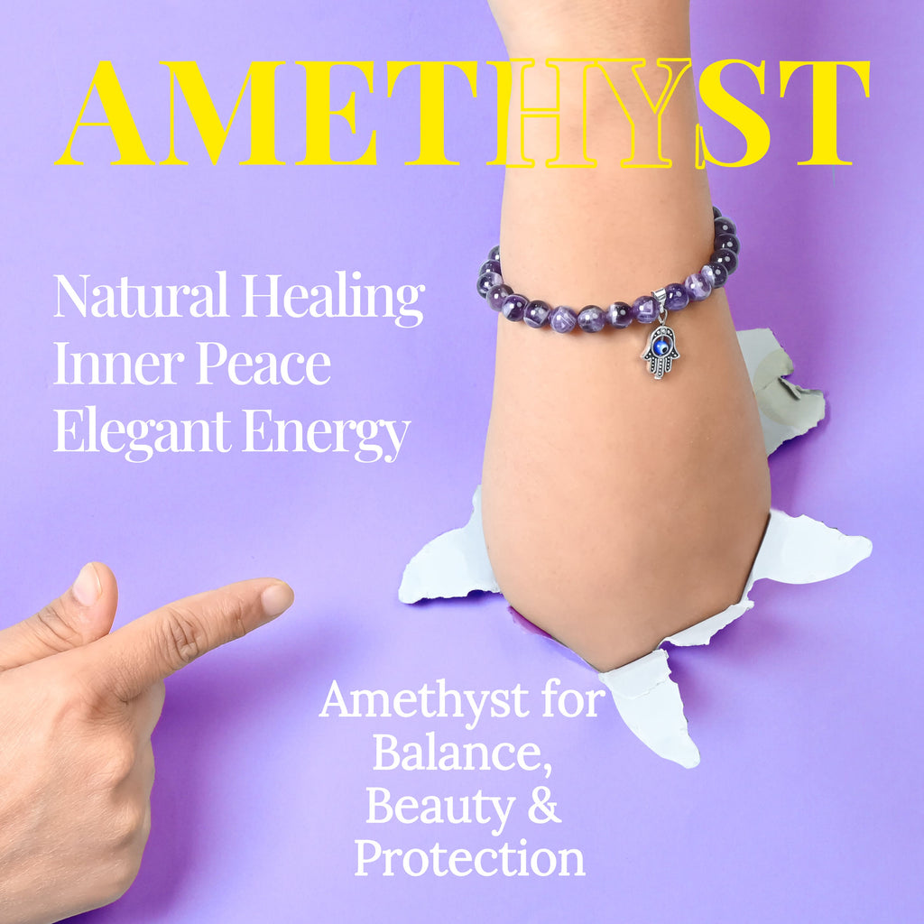 HindCraft Amethyst Evil Eye Bracelet with Hamsa Charm for Balance